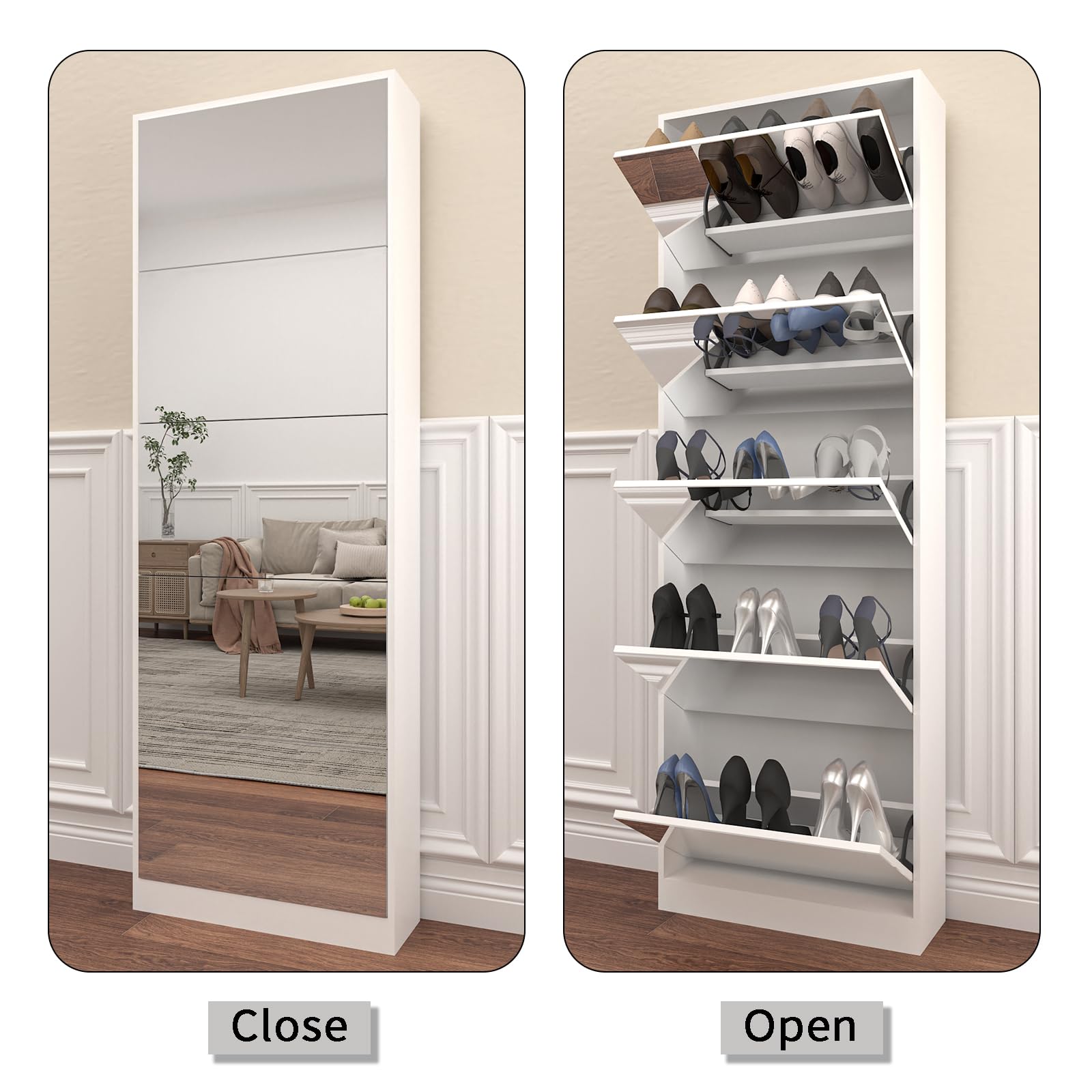 Modern Shoe Cabinet with Full-Length Mirror & 5 Flip Drawers - Freestanding Shoe Rack Organizer for Entryway, Living Room, Bedroom - Space-Saving Shoe Storage Solution for Small Apartments & Homes