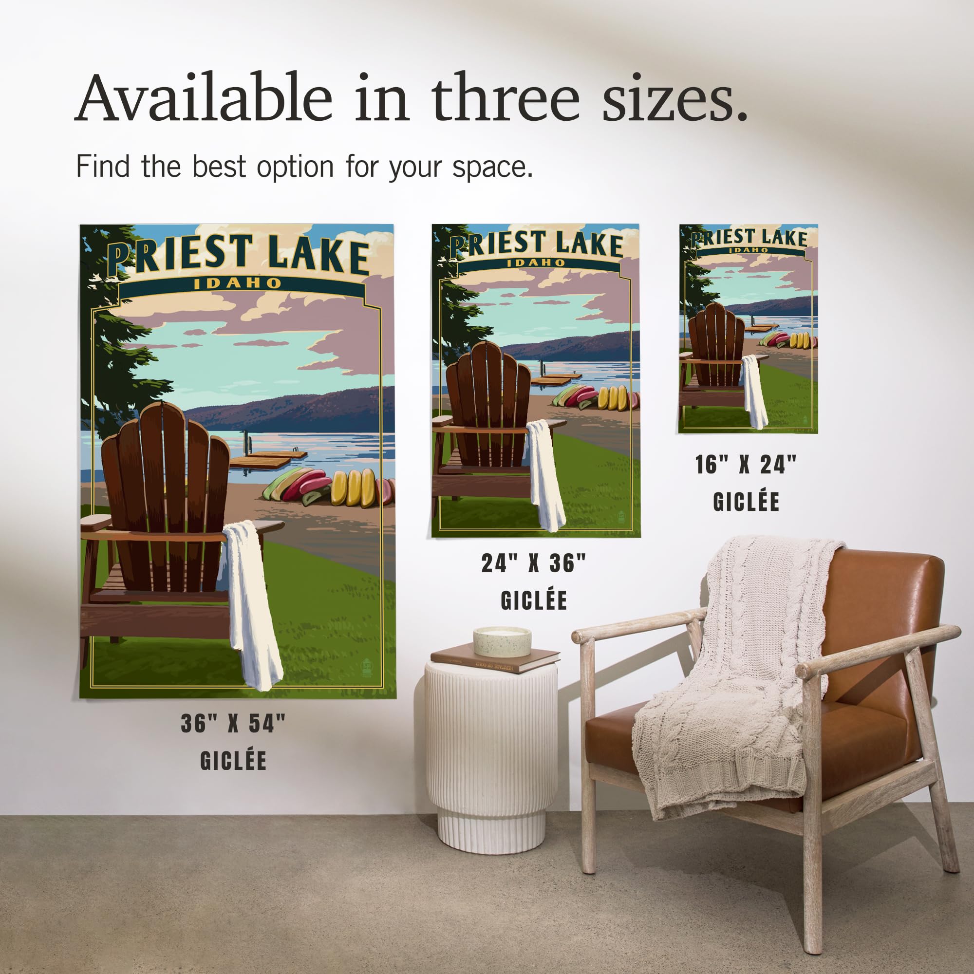 Lantern Press 16x24 Inch Giclee Art Print - Priest Lake Idaho Landscape Wall Decor with Chairs and Lake Scene - Perfect for Living Room, Bedroom or Office Decoration