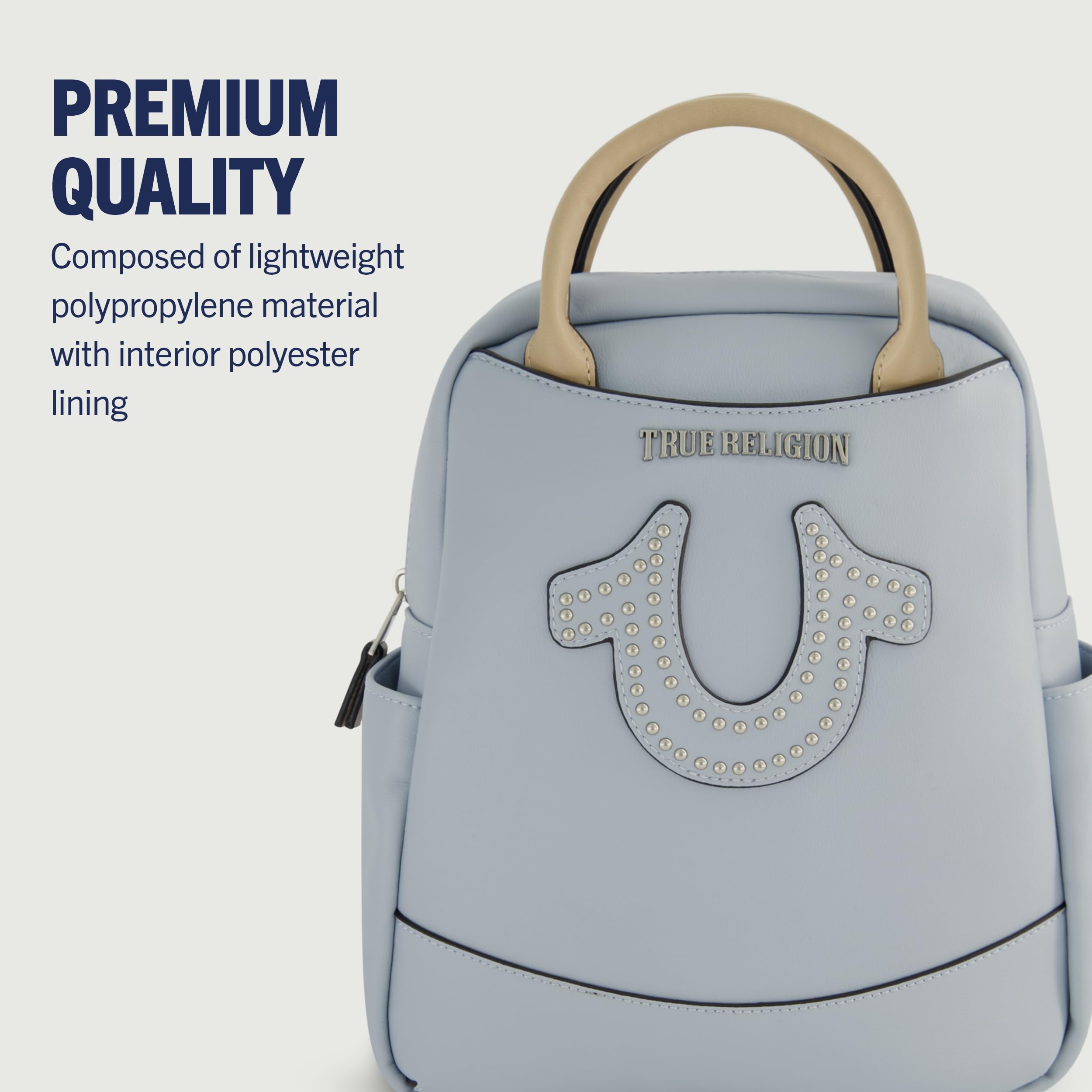 True Religion Women's Mini Backpack - Studded Horseshoe Logo Small Travel Bag Purse with Adjustable Shoulder Straps | Blue 11 Inch | Perfect for Travel, Shopping & Daily Use