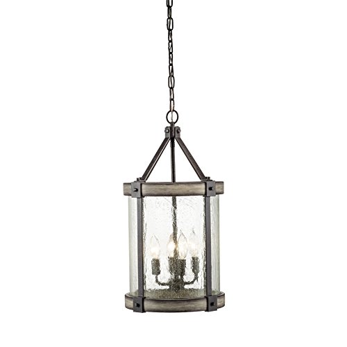 Kichler Barrington Rustic Anvil Iron Seeded Glass Cylinder Pendant Light Fixture - Farmhouse Kitchen Island Lighting, Dining Room Chandelier, Rustic Home Decor