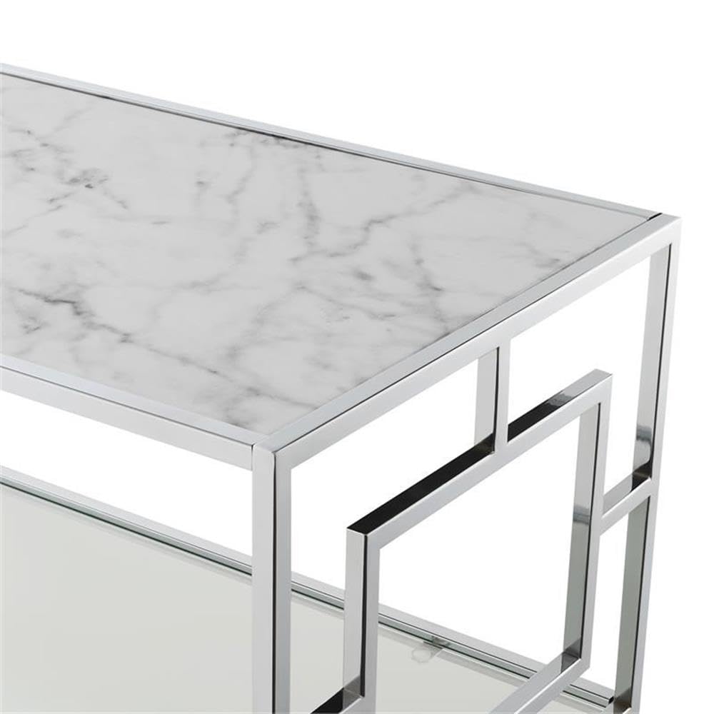 Modern Chrome Glass Coffee Table with White Faux Marble Top - Stylish Living Room Center Table for Home Decor & Small Space Furniture