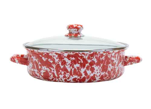 3 Quart Red Swirl Enamelware Saute Pan - Nonstick Cooking Skillet for Sauteing, Frying & Simmering - Perfect for Stovetop, Oven & Camping