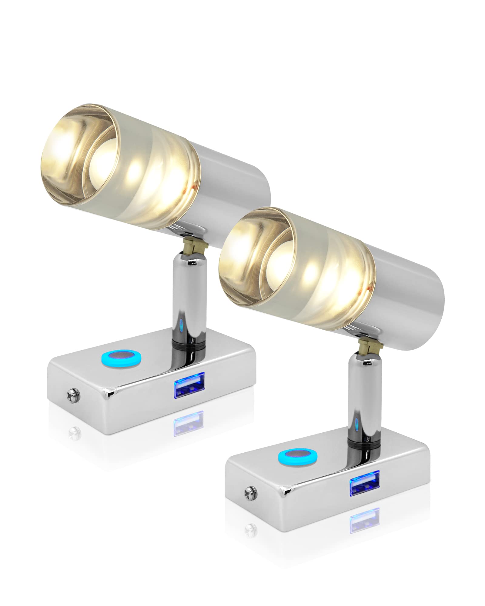 12V RV Reading Light with USB Port - 2 Pack LED Interior Lights for RV, Truck, Trailer, Caravan & Boat - Built-in Dimmer Touch Switch & Blue Night Light - Chrome Bedside Lamp for Camping, Travel & Night Reading