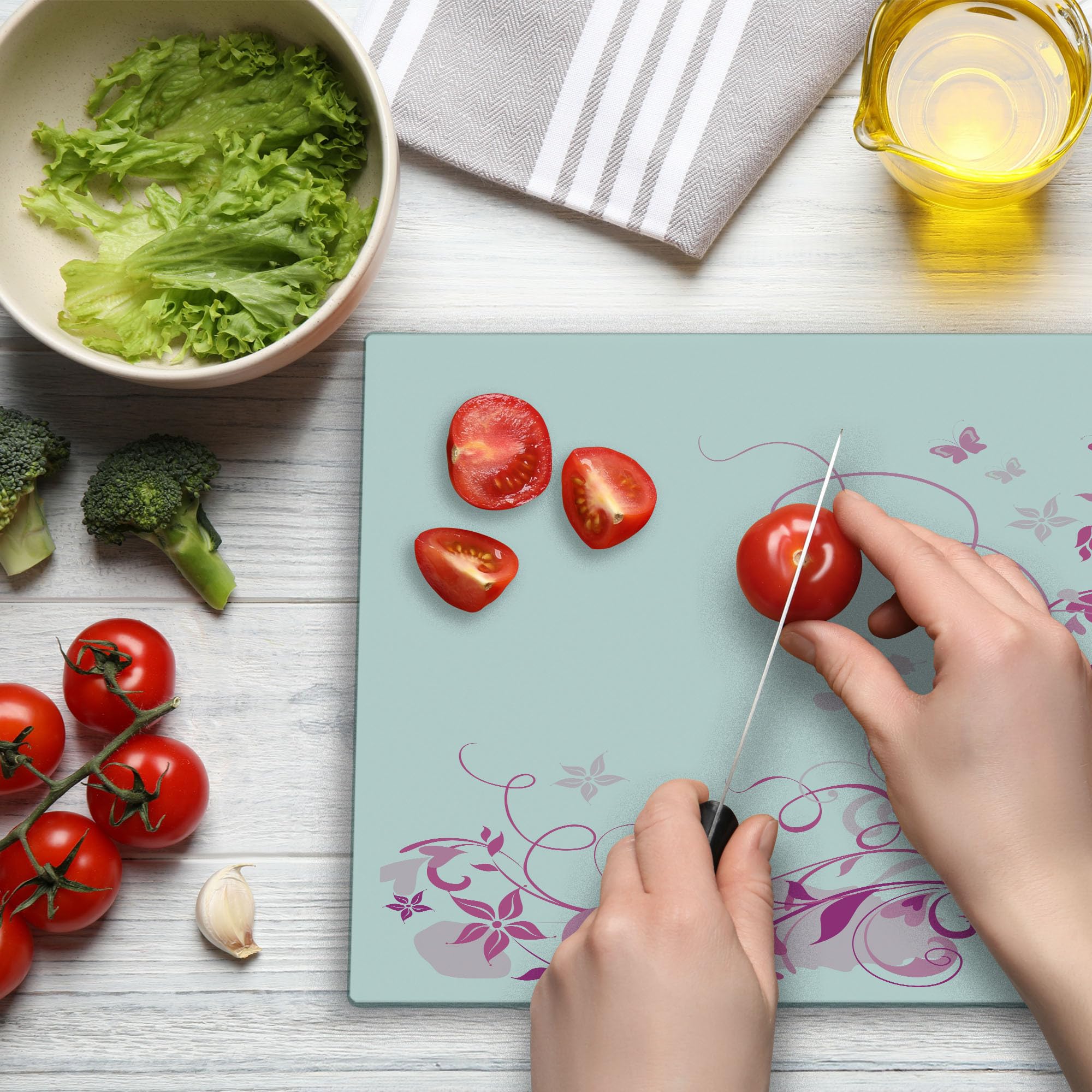 Ambesonne Rose Tempered Glass Cutting Board - Large Decorative Serving Tray with Swirling Leaves, Blossoms & Butterflies Design in Rose Pink & Magenta | Perfect for Cheese Platters, Charcuterie Display & Kitchen Decor