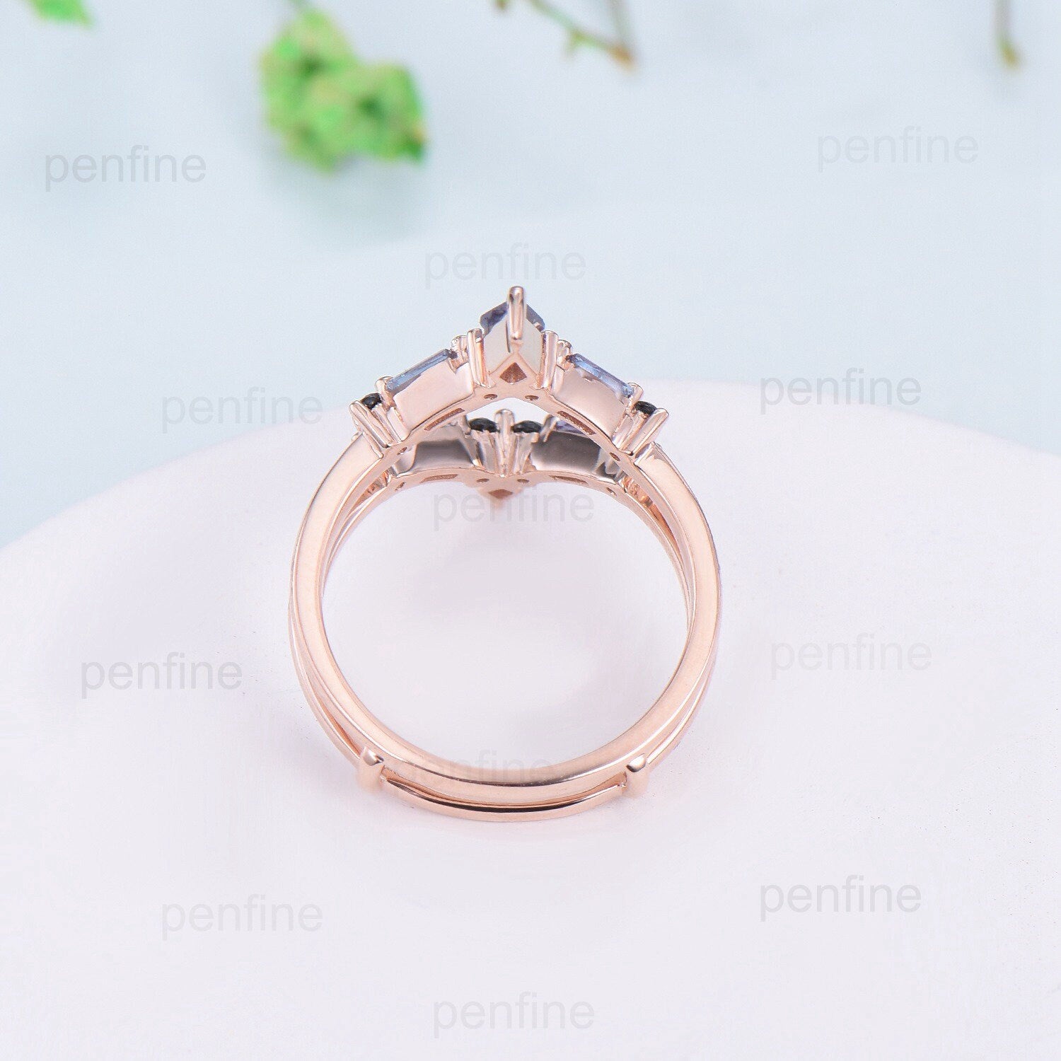 Double V Curved Kite Baguette Alexandrite Wedding Band Enhancer Wrap - Solid Rose Gold Vintage Black Spinel Stacking Ring - Anniversary Gift for Her - Perfect for Bridal Jewelry, Stacking Rings & Special Occasions