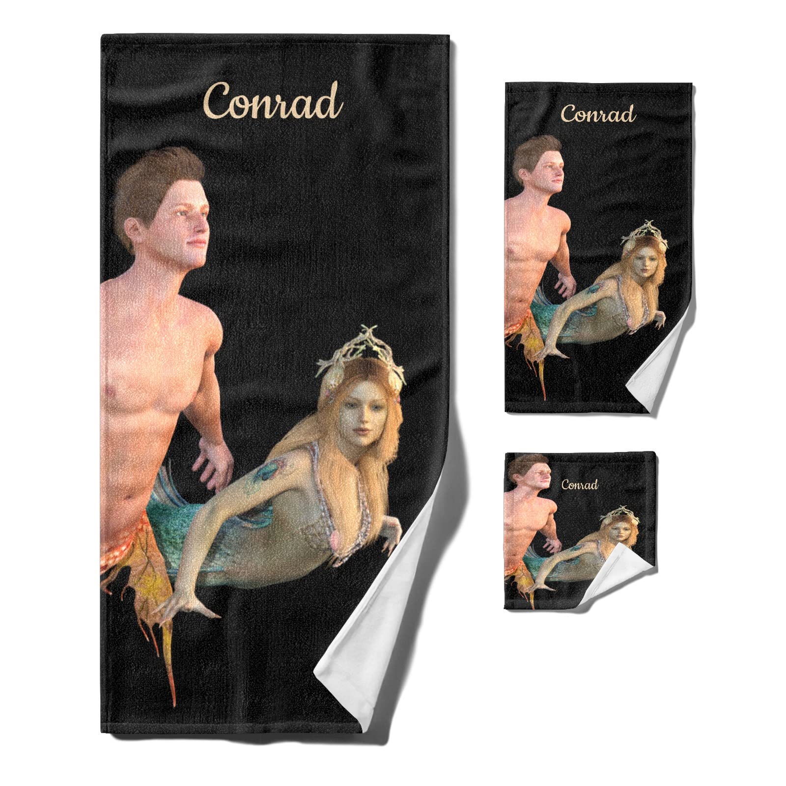 Personalized Custom Mermaid Towel Set of 3 - Monogrammed Bath, Hand & Washcloth Set for Kids - Perfect for Swimming, Beach, Camping & Spa Days - Great Birthday Gift for Girls