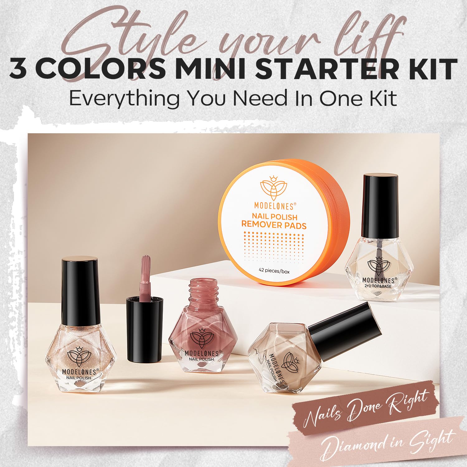 Modelones 3-in-1 Nail Polish Kit with Base Coat, Top Coat & Remover Pads - Champagne Glitter Quick Dry Nail Polish Set for Neutral Skin Tone | Mini Starter Kit for DIY Manicure, Nail Art & Salon Use | Perfect Gift for Women & Girls | Home, Party & Special Occasion Nail Care