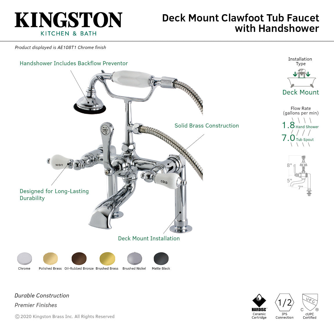 Vintage Clawfoot Tub Faucet with Hand Shower - 3 Handle 2 Hole Deck Mount Bathroom Fixture in Polished Chrome - Perfect for Classic & Farmhouse Style Bathrooms