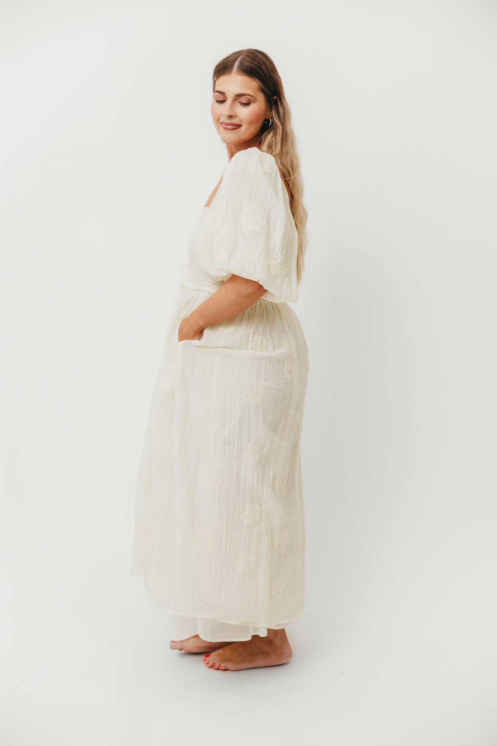 Aimee Women's Smocked Embroidered Floral Midi Dress in Ivory - Elegant Summer Party, Wedding Guest & Church Occasion Outfit
