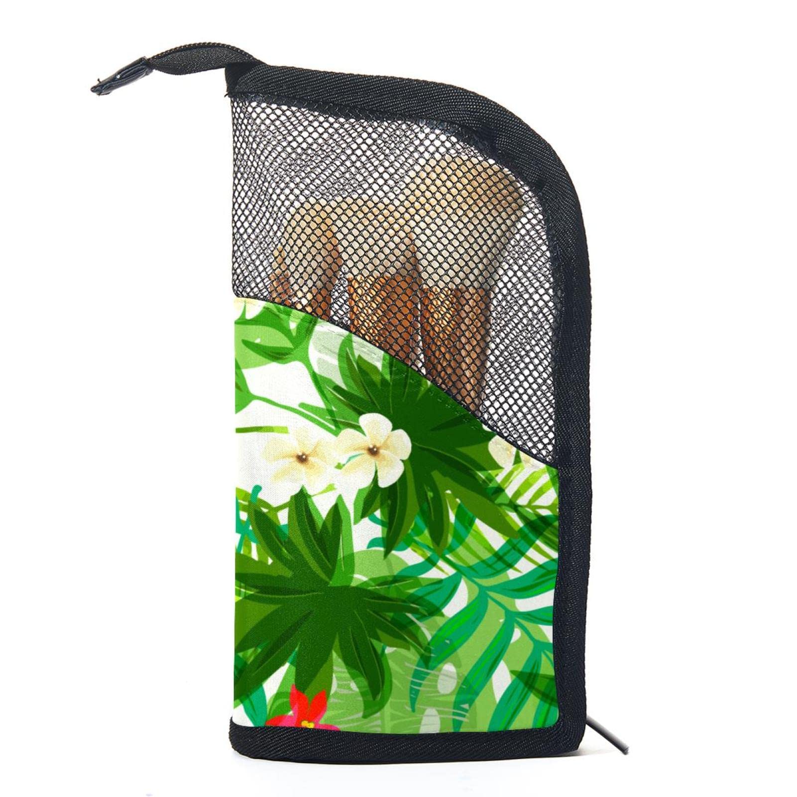 Portable Makeup Brush Organizer Bag with 12 Slots - Tropical Leaves & Flowers Design - Travel Cosmetic Brush Holder Case for Home, Travel, and Professional Makeup Artists