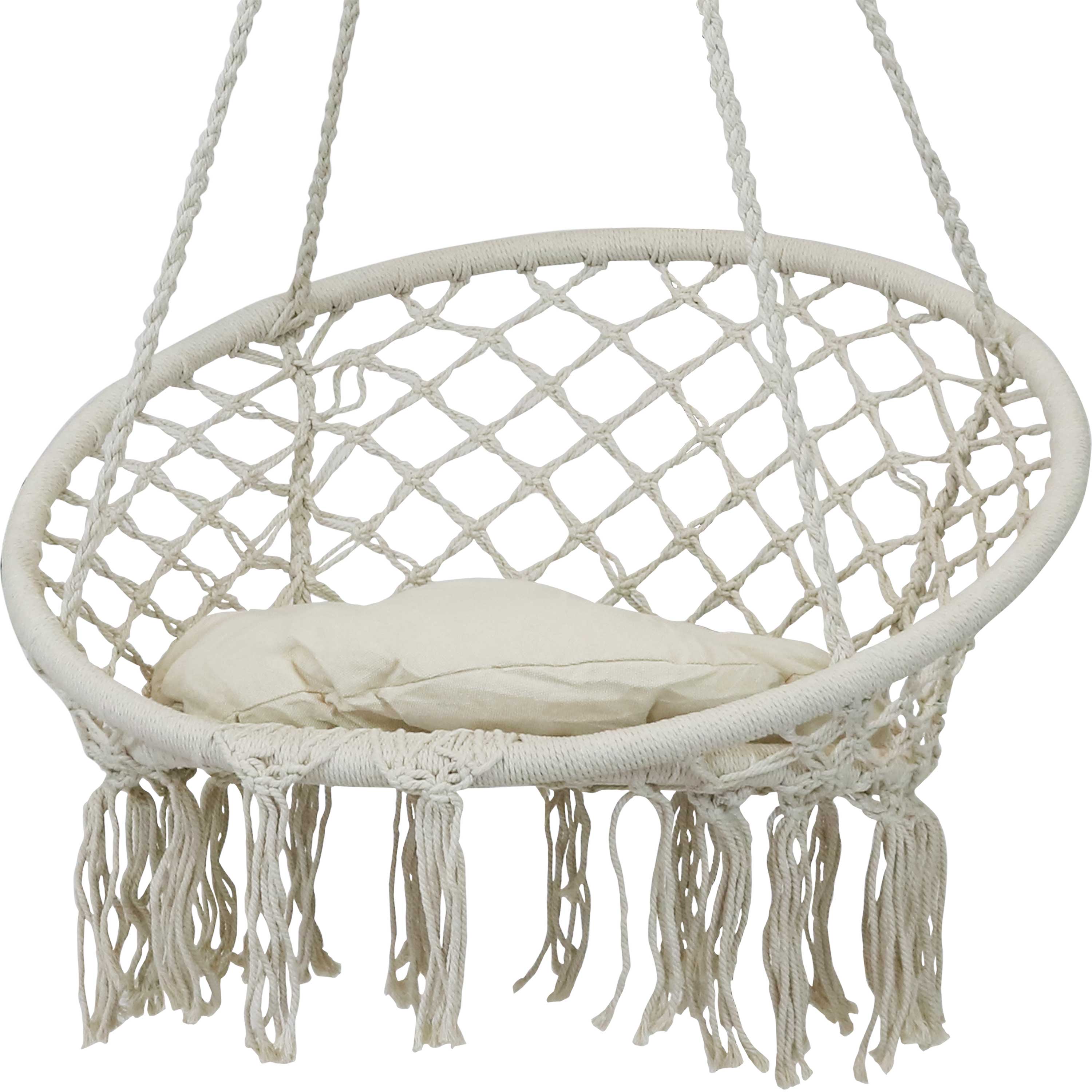 Sunnydaze Macrame Hanging Hammock Chair with Tassels & Cushion - White Cotton Boho Style Swing Seat for Indoor Outdoor Patio, Garden, Balcony Relaxation