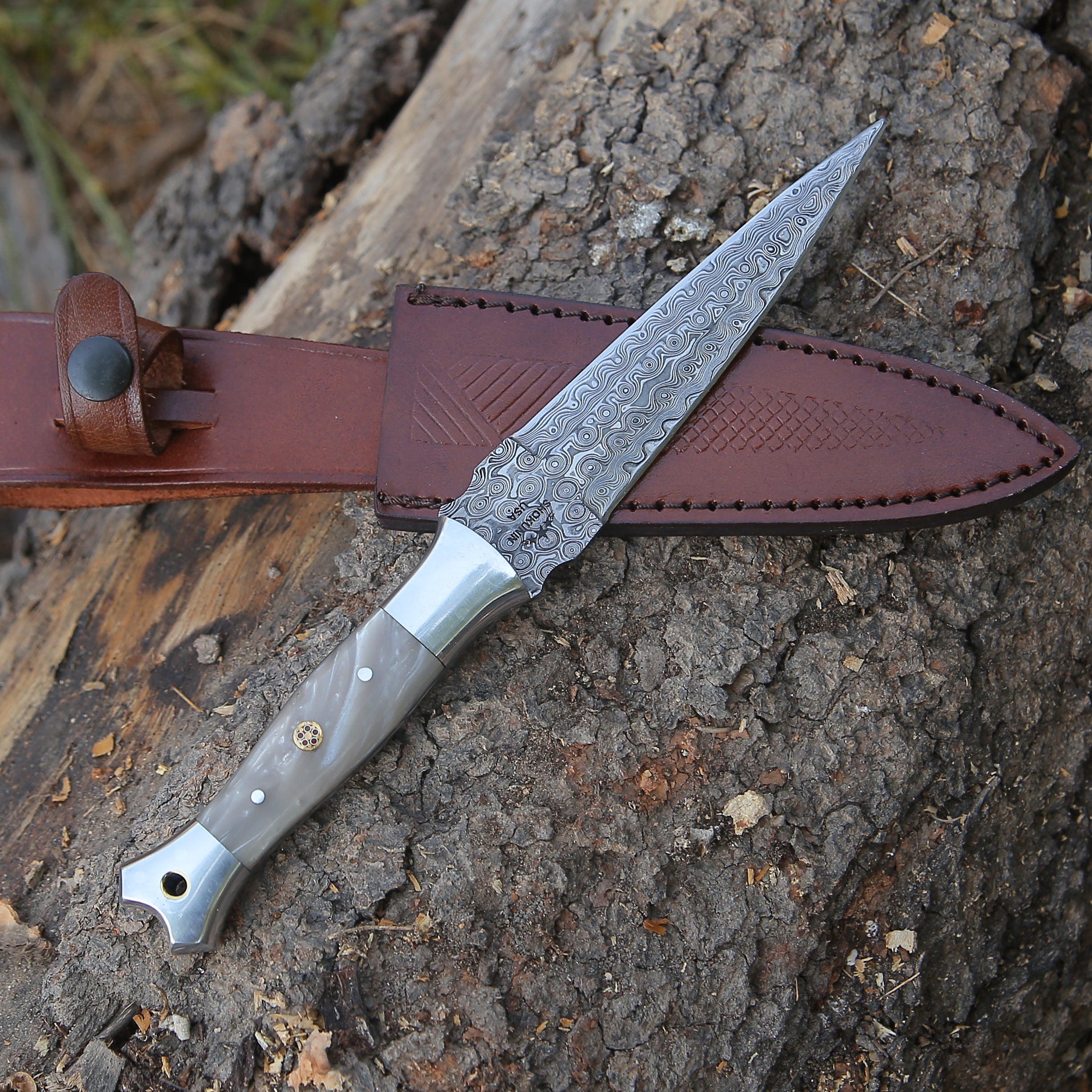Premium Damascus Steel Fixed Blade Knife with Mother of Pearl Resin Handle - Hunting, Camping & Outdoor Survival Tool