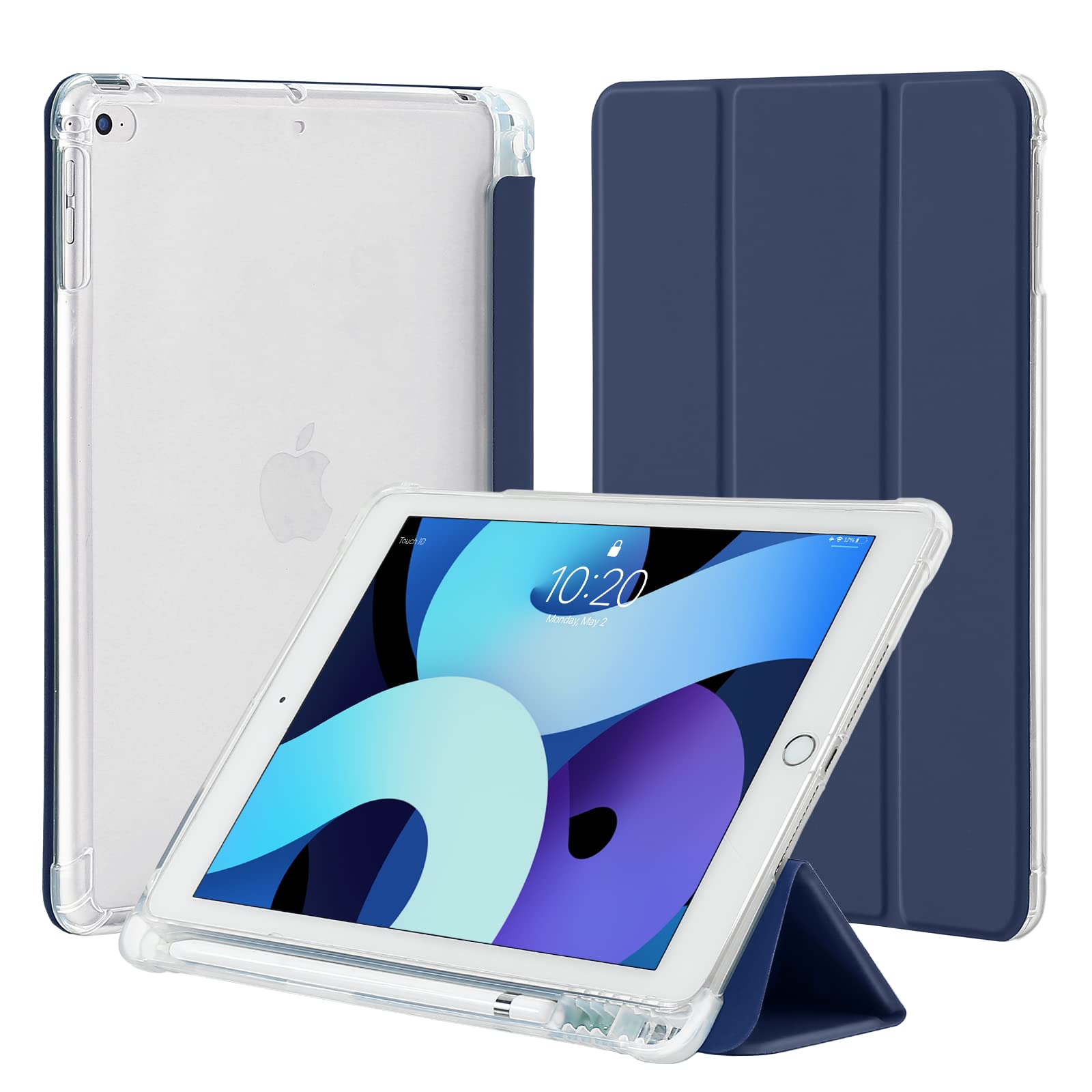 4UBonLife iPad 9.7 Inch Case for 6th/5th Gen (2018/2017) & iPad Air 1 (2013)/Air 2 (2014) - Slim Lightweight Soft TPU Cover with Pencil Holder, Translucent Back & Frosted Finish, Dark Blue - Perfect for School, Work & Travel