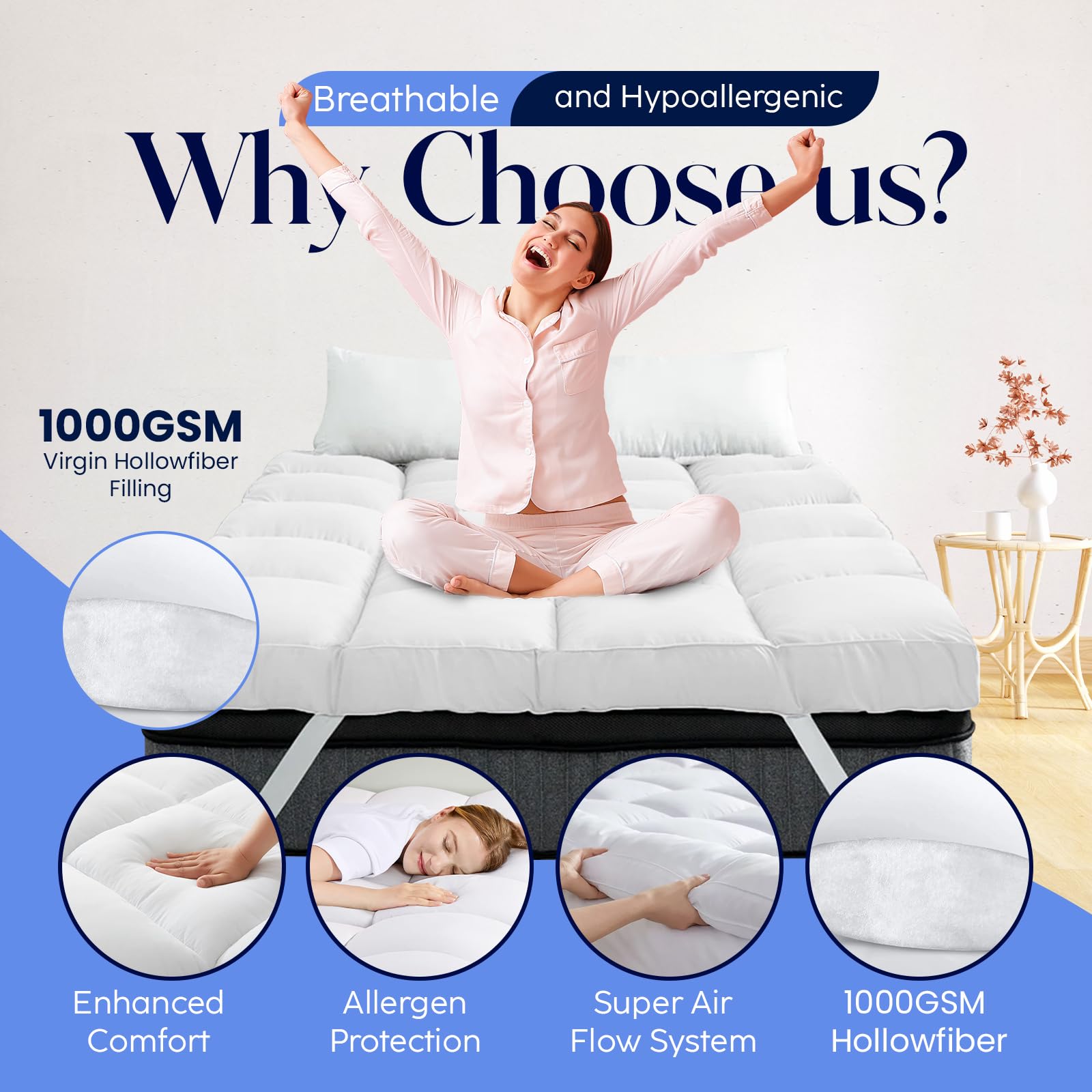 Premium 10CM Extra Thick Double Mattress Topper - 1000GSM Hypoallergenic Fiber Filling with Elastic Straps & Deep Pocket - Queen/King Size Bed Topper for Ultimate Comfort - Perfect for Guest Beds, Dorm Rooms & Home Use