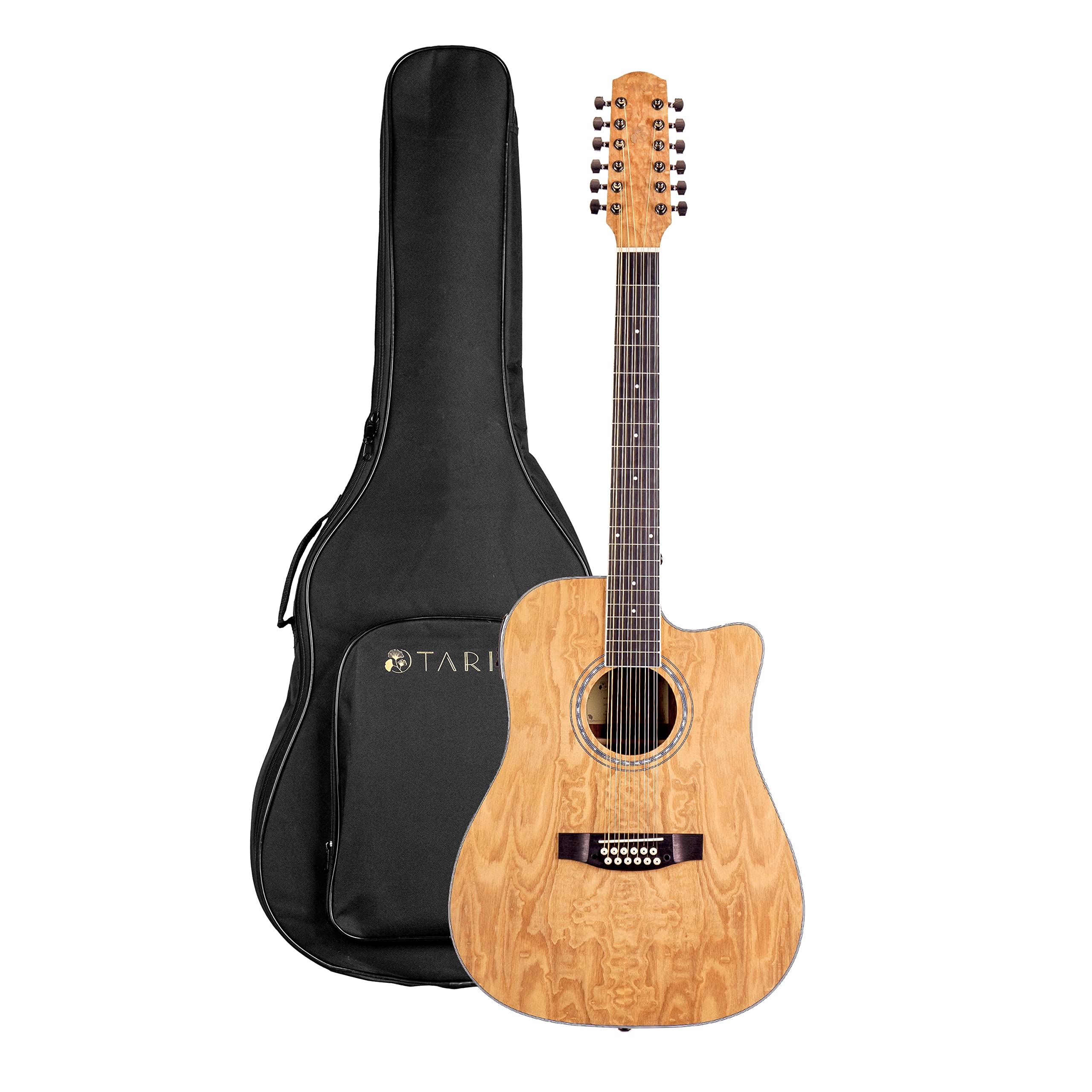 TARIO 12-String Acoustic Electric Guitar with Cutaway - Curly Ash Top, Mahogany Back & Sides, Okoume Neck - Perfect for Live Performances, Studio Recording & Traveling Musicians