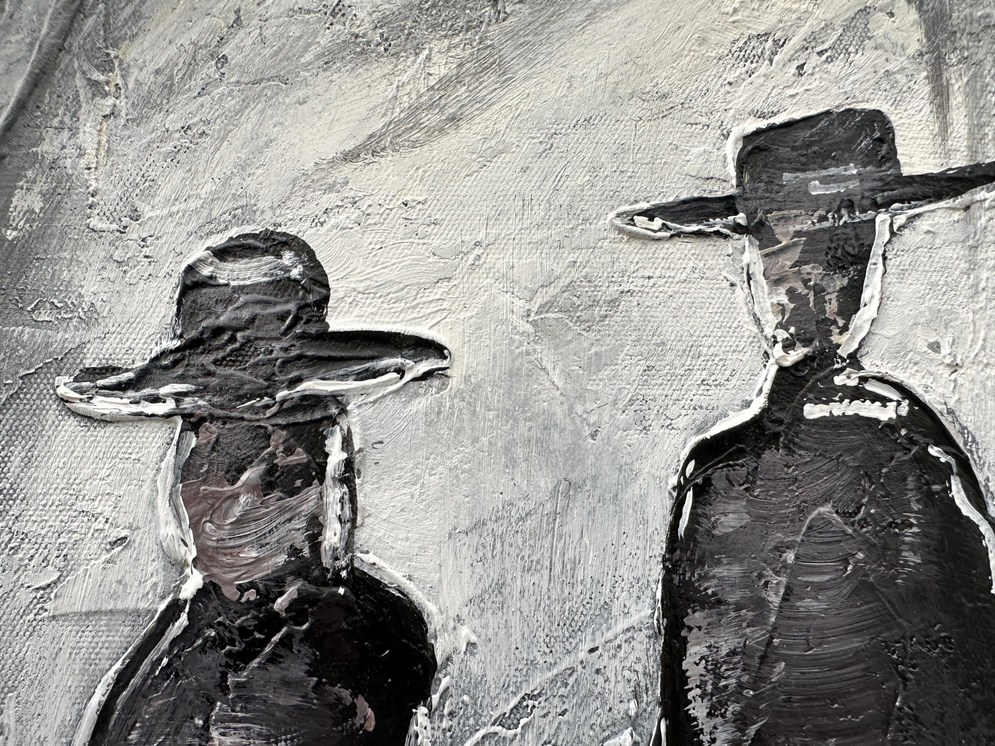 Yao or Miao Hand-Painted Dark Lover in Rain Oil Painting - 28x40 Inches Black & White Abstract Wall Art with Texture - Modern Home & Office Decor for Living Room, Bedroom, or Gallery Display