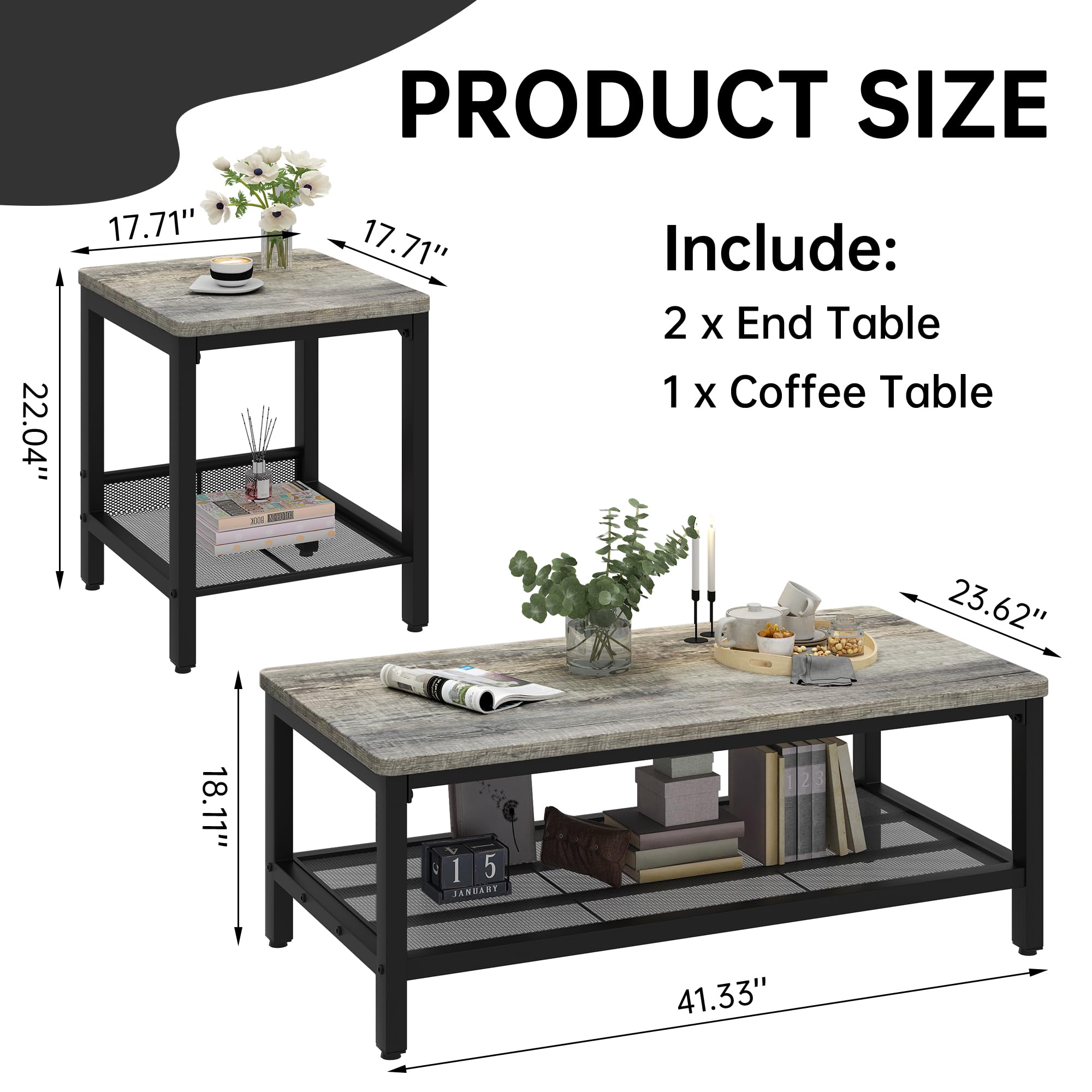AWQM 3-Piece Industrial Coffee Table Set with 2 Square End Tables - Modern Metal Frame Living Room Furniture for Apartment & Home Office - Grey - Perfect for Small Spaces, Entertaining Guests & Cozy Nights
