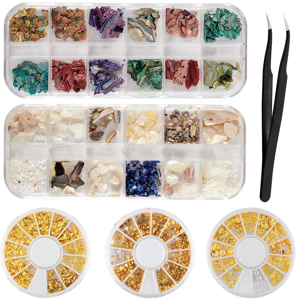 NICENEEDED 5-Piece Nail Art Kit - 3 Boxes Rhinestones & 2 Boxes Crushed Seashells with Tweezer for 3D Nail Designs, DIY Manicure Decorations | Perfect for Home Salon, Party Nails, Bridal Makeup & Gift Ideas