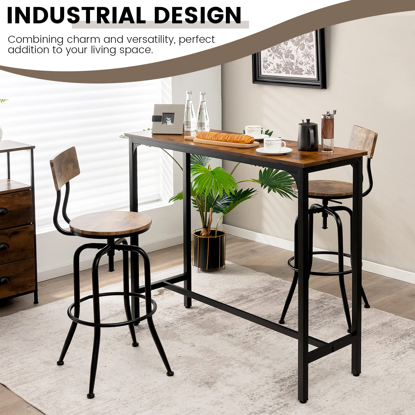 GOFLAME 48” Industrial High Top Bar Table with Metal Frame & Adjustable Feet, Narrow Rectangular Pub Table for Small Spaces, Multifunctional Dining Table for Kitchen, Living Room, Bistro, and Outdoor Patio