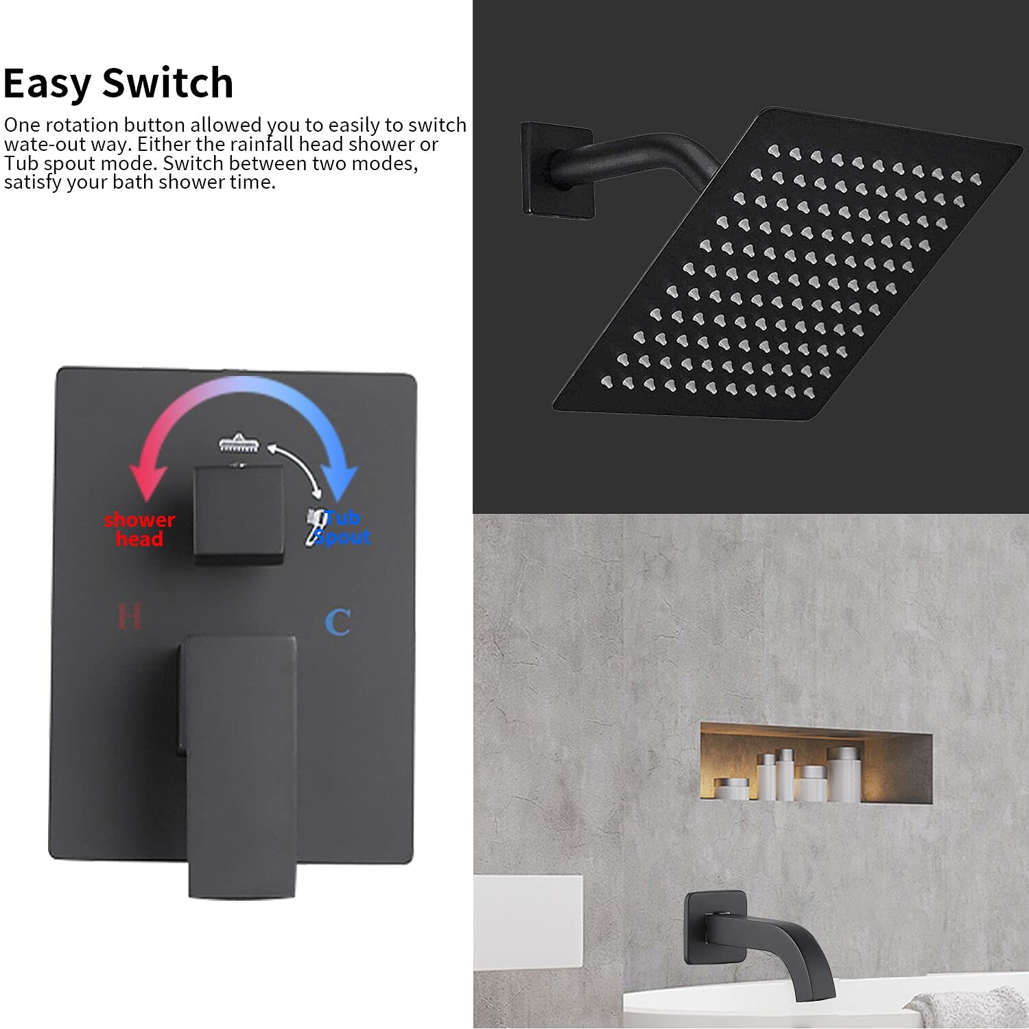 GGStudy Single Function Shower Trim Kit with Rough-in Valve - 8 Inch Square Stainless Steel Rainfall Shower System with Tub Faucet - Matte Black Finish for Modern Bathrooms - Perfect for Spa-Like Showers and Relaxing Baths
