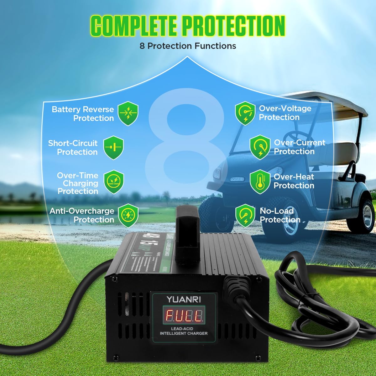 48V Golf Cart Battery Charger for Club Car - 15 AMP 48 Volt Charger with 16 FT Cord & Trickle Charge - Compatible with 48V Lead Acid Batteries - Perfect for Golf Courses, Resorts & Home Use