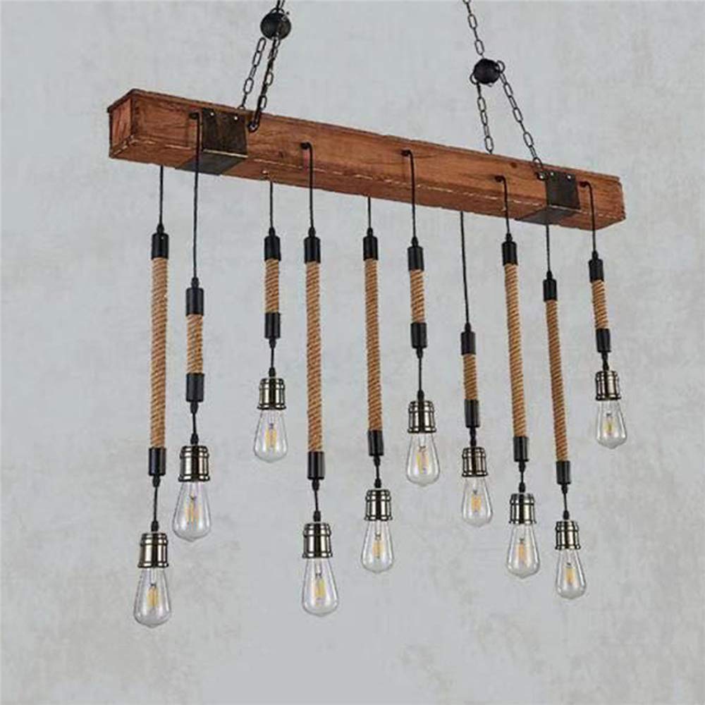 NIUYAO Industrial Retro Rustic Linear Wooden Island Pendant Light - Adjustable 10-Light Chandelier for Kitchen, Dining Room, Bar & Living Room | Farmhouse Ceiling Lighting Fixture | Perfect for Kitchen Islands, Breakfast Nooks & Open Concept Spaces