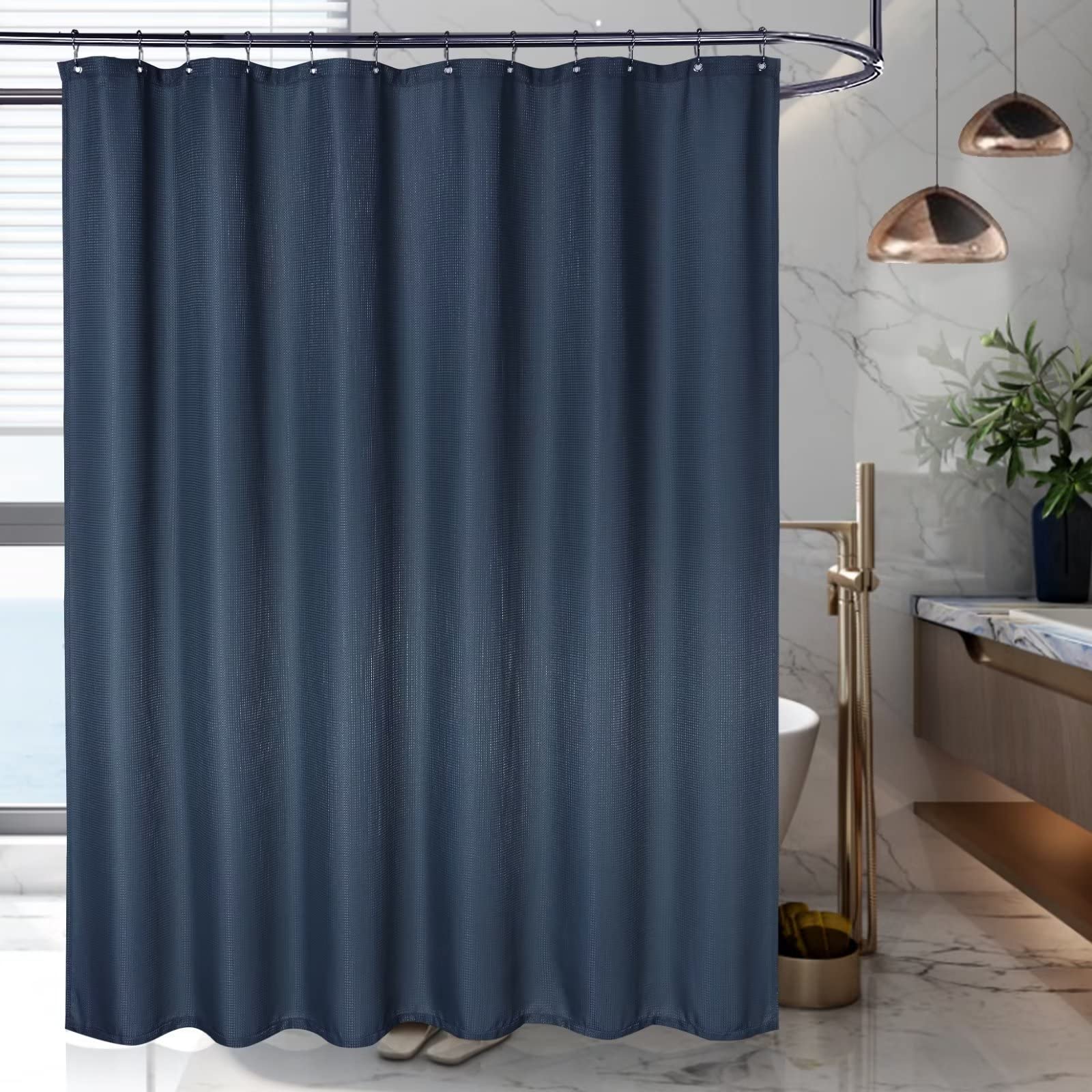 GlowSol Navy Blue Waffle Weave Shower Curtain 72x72 Inches - Waterproof Polyester Fabric with Rust-Resistant Grommets for Bathroom Decor | Perfect for Modern, Farmhouse & Coastal Bathroom Styles