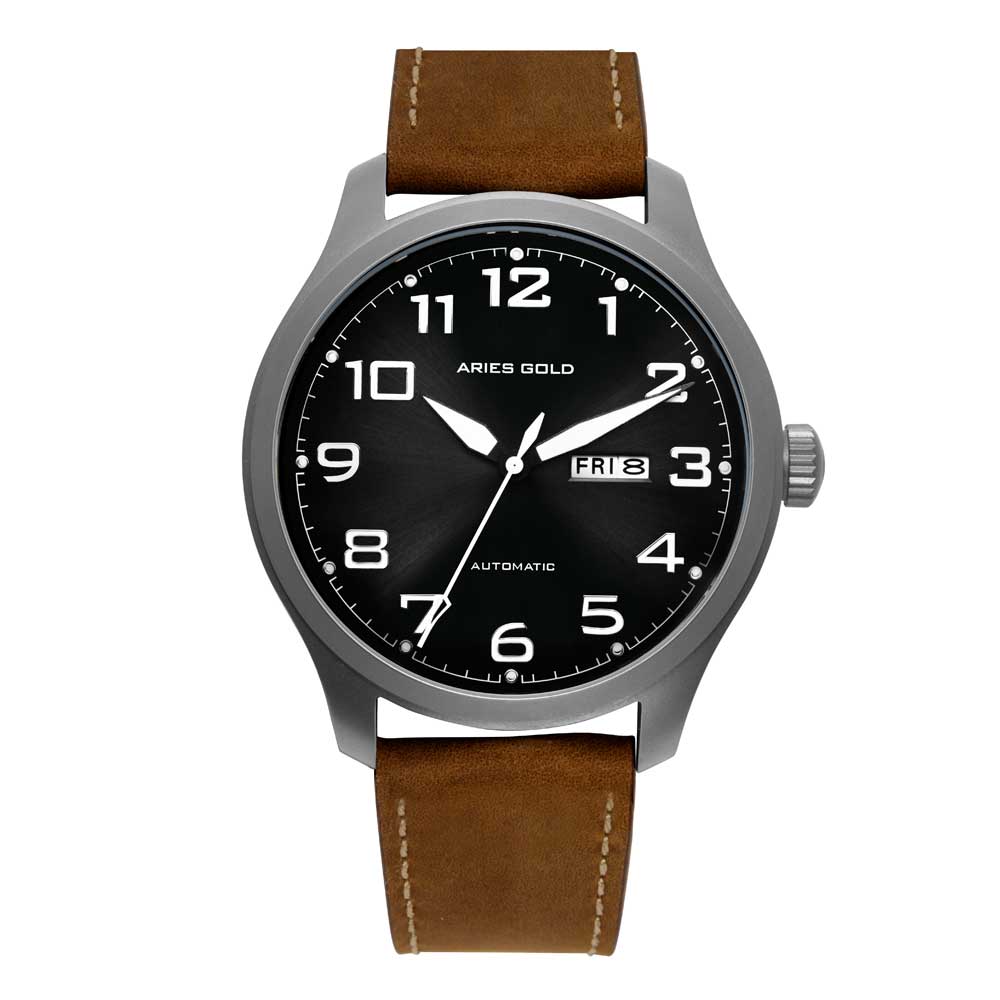 **Aries Gold Automatic Escalate Silver Stainless Steel G 9017 S BK Brown Leather Strap Men's Watch – Stylish & Durable for Business, Casual & Formal Occasions**