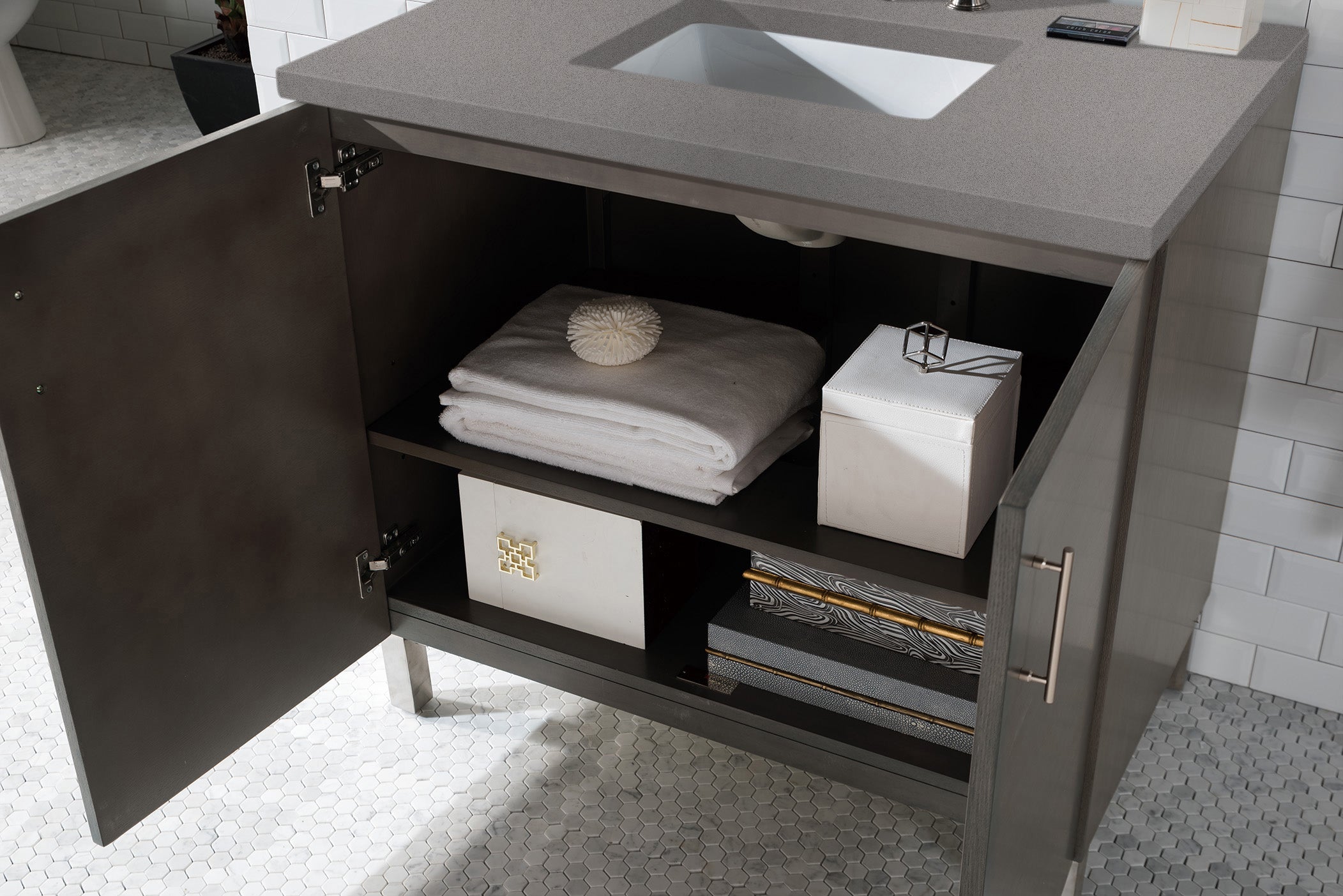 Metropolitan 36 Inch Single Bathroom Vanity Set in Silver Oak with 3CM Grey Expo Quartz Countertop - Perfect for Modern Homes & Small Bathroom Remodels