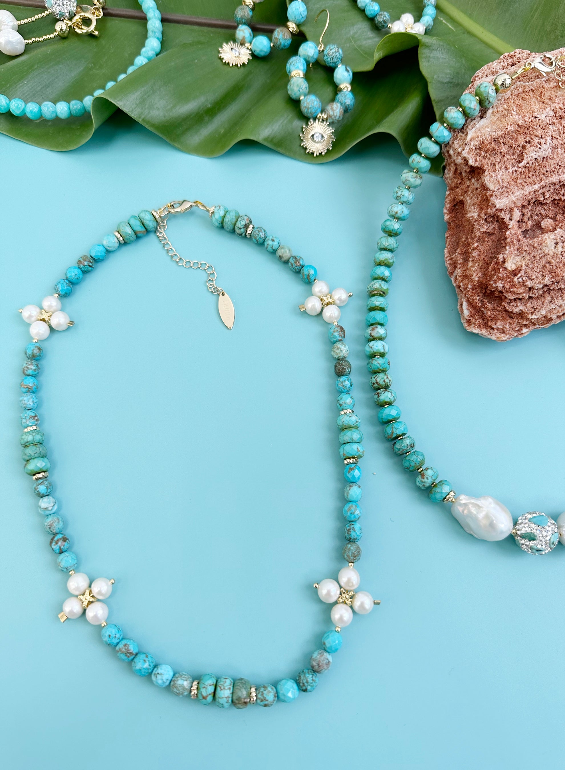 Turquoise Flower Pearl Necklace for Women - Elegant Bohemian Jewelry Gift for Birthday, Wedding & Party (JN056)