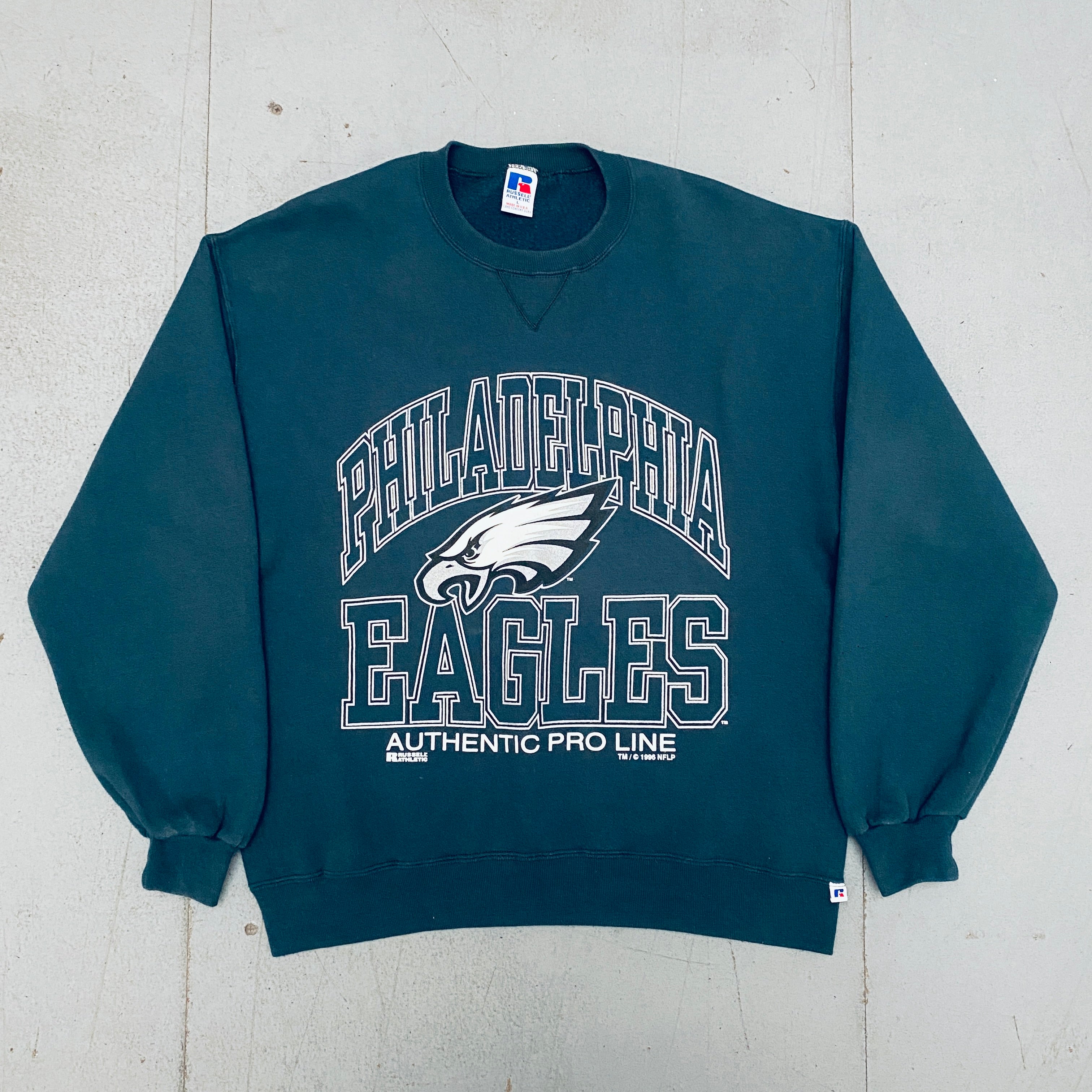 Philadelphia Eagles 1996 Russell Athletic Graphic Spellout Proline Sweatshirt - Large Size - Vintage NFL Fan Apparel for Game Day & Casual Wear