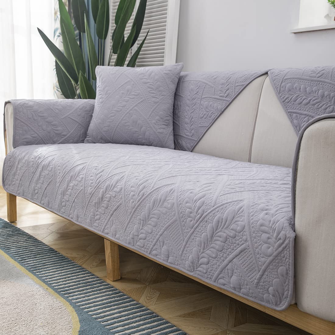 VCTOPS Quilted Cotton Sofa Cover for Sectional Couches - Non-Slip Pet-Friendly Slipcover for Leather L-Shaped Sofas (Gray, 43