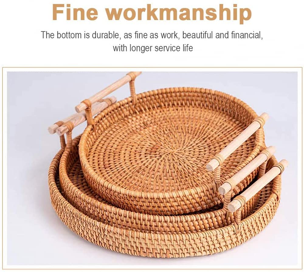 Hand-Woven Round Rattan Tray - 24cm Portable Wicker Basket with Handle for Fruit, Snacks, Breakfast Display & Storage | Perfect for Kitchen, Dining Table, Picnic & Home Decor