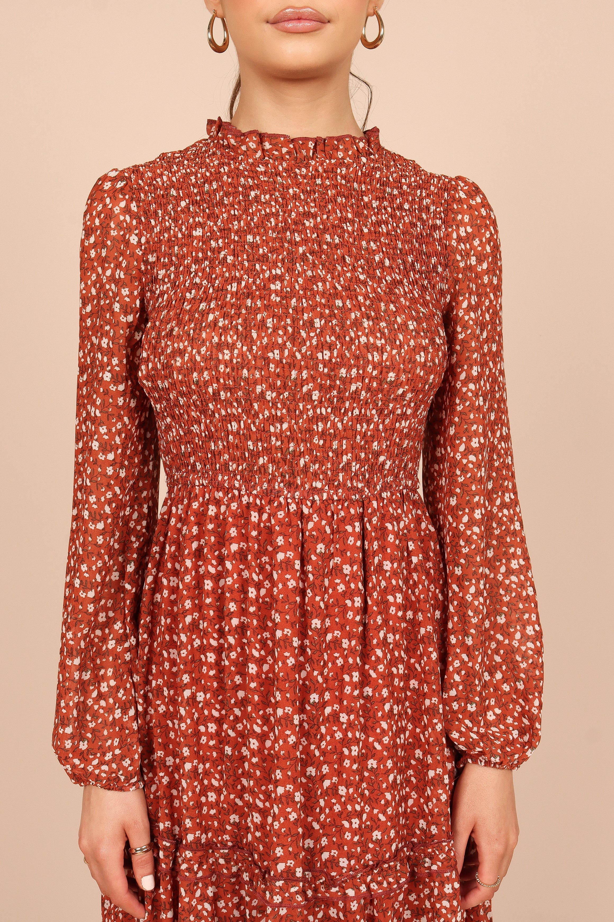 Edwina Women's Rust Floral Shirred Frill Long Sleeve Midi Dress - Elegant Boho Style for Parties, Weddings & Date Nights
