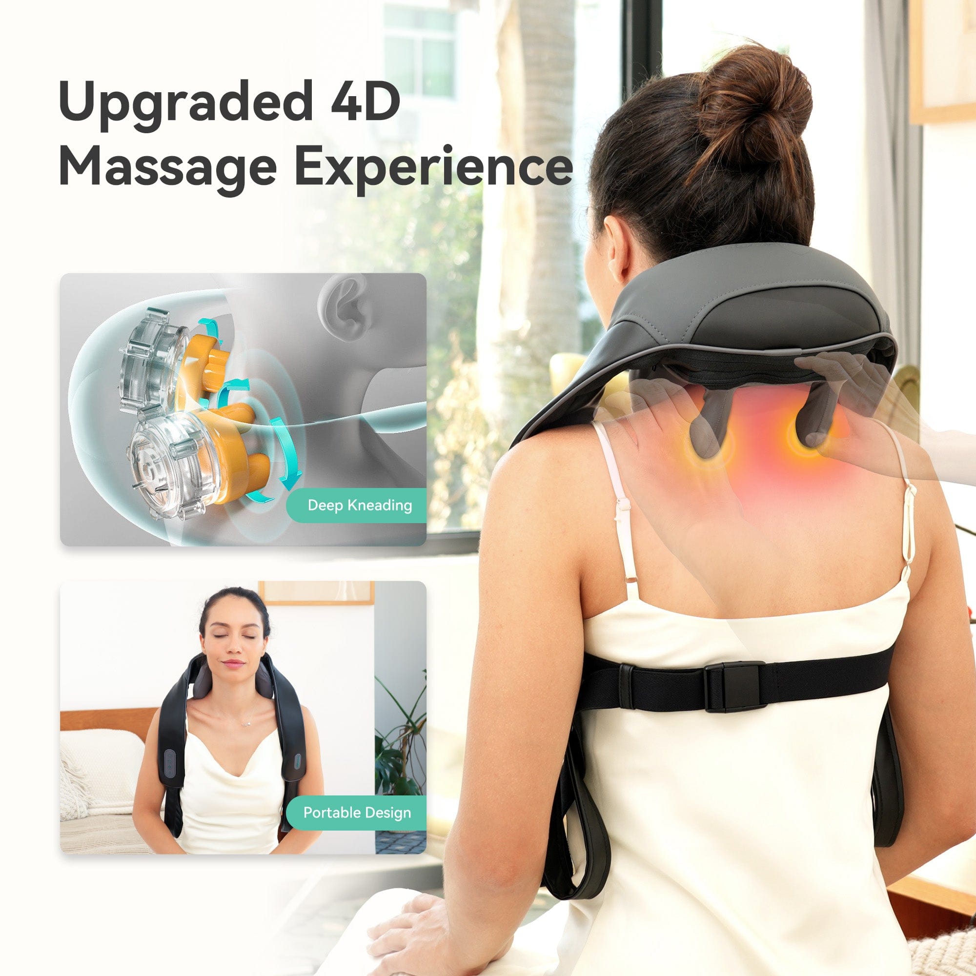 Snailax 4D Deep Kneading Handheld Cordless Massager for Neck & Back Pain Relief - Portable Muscle Massage with Adjustable Bandage - Perfect for Home, Office, and Travel Use