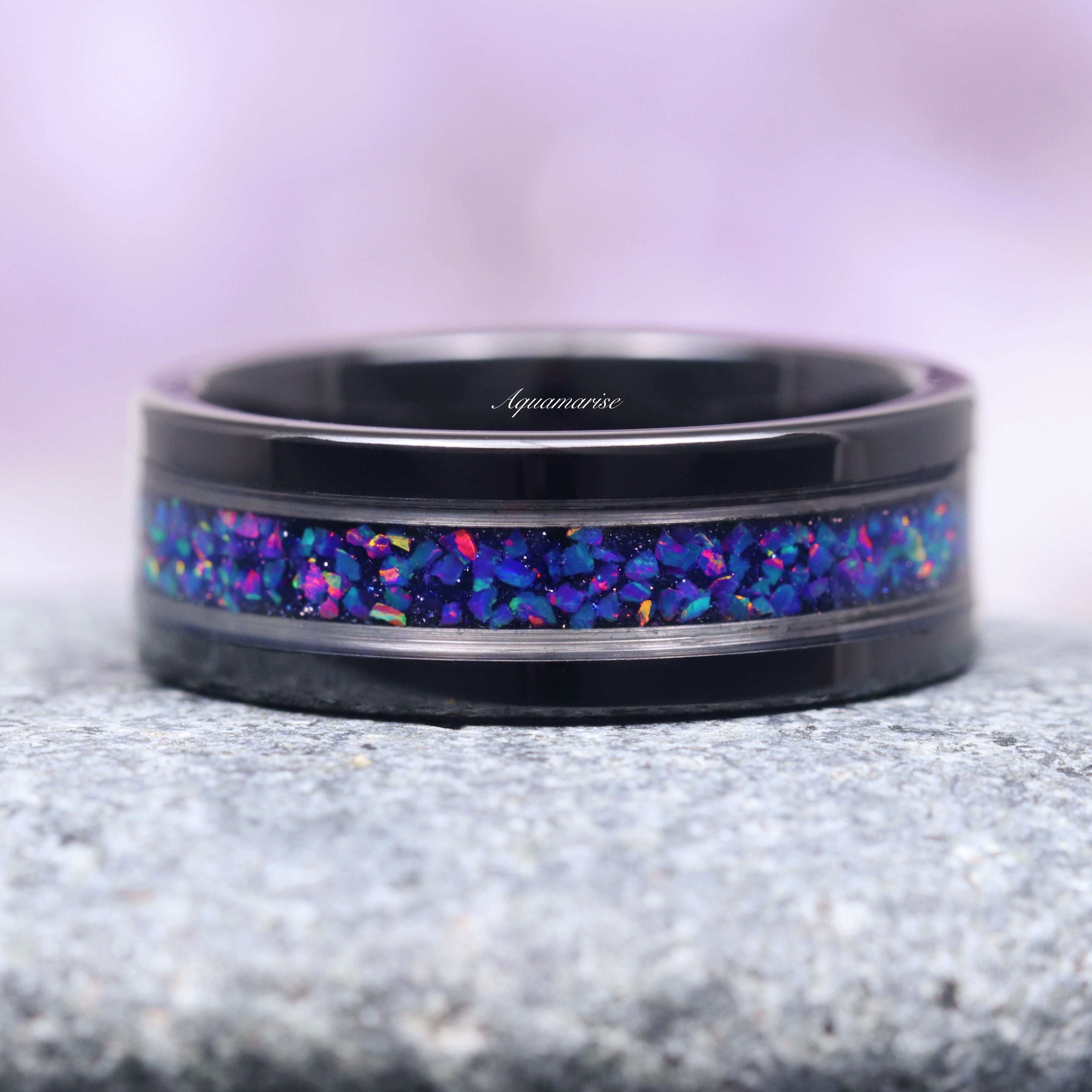 8MM Black Tungsten Wedding Band for Men - Starry Night & Blue Fire Opal Inlay Ring - Durable Comfort Fit Mens Jewelry for Engagement, Anniversary & Special Occasions
