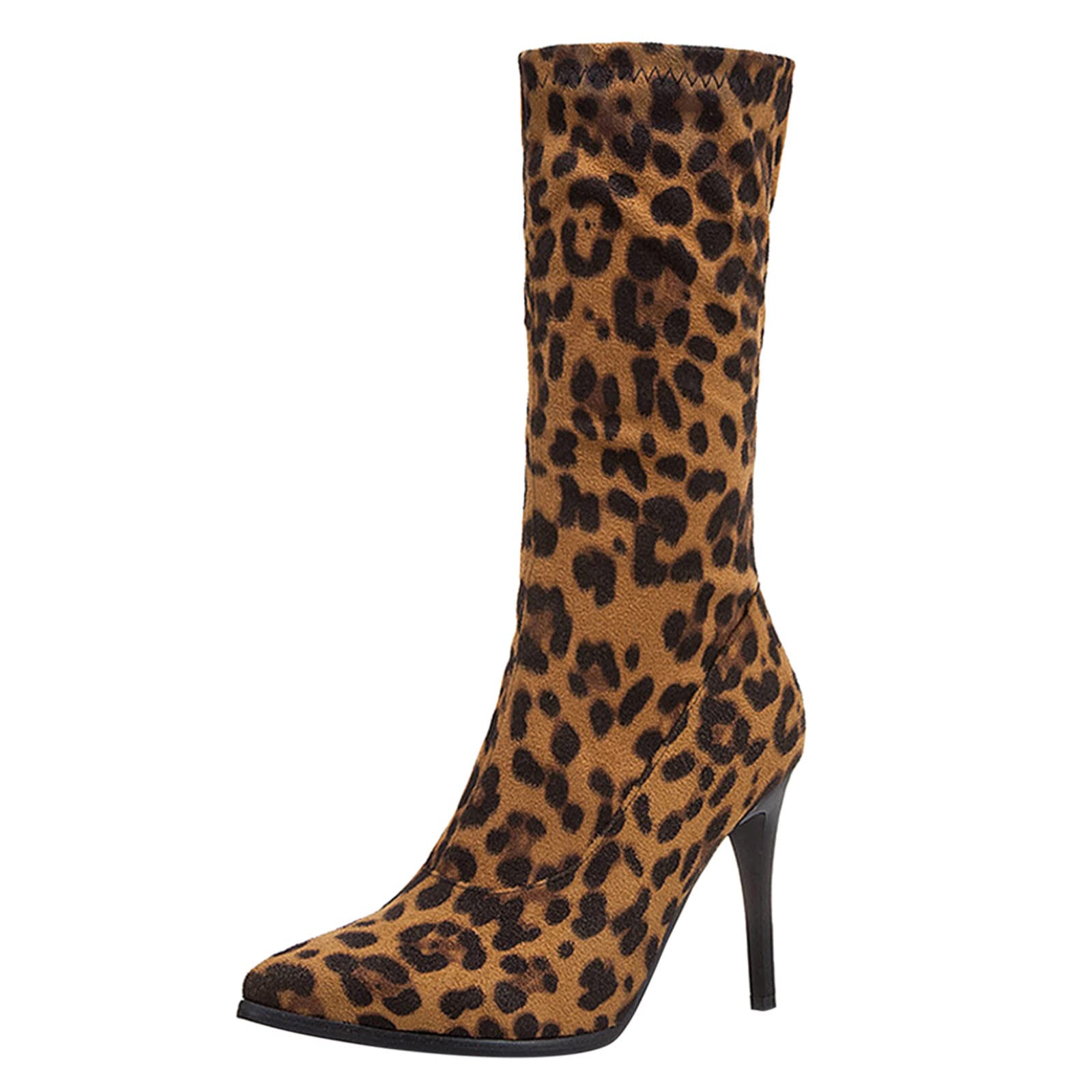 Women's Winter Warm Snow Boots - Sexy Knit Stretch Ankle Booties with Side Zipper & Leopard Print | Fashion High Heels for Cold Weather, Outdoor Activities & Holiday Outfits