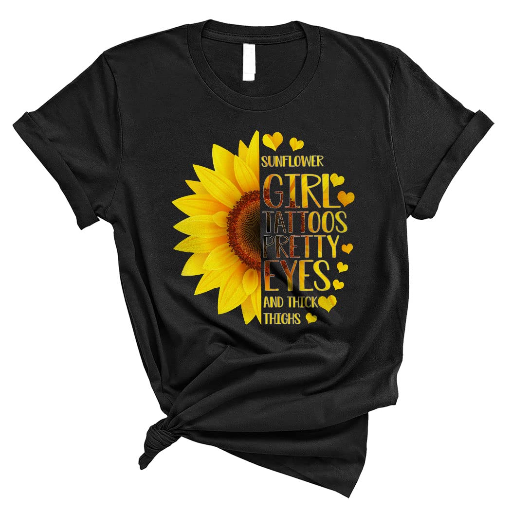 Funny Sunflower Girl Tattoo Lover T-Shirt - Cute Eyes & Thick Thighs Design - Unisex Graphic Tee for Women & Men - Perfect for Tattoo Enthusiasts, Music Festivals & Casual Outfits