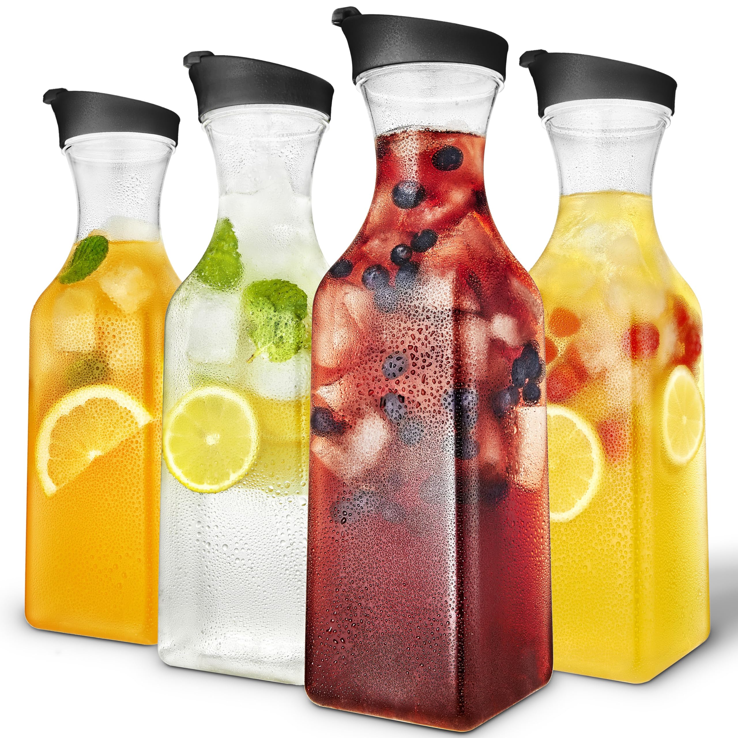 50oz Plastic Juice Carafe with Black Lids (4 Pack) - Clear Square Pitchers for Mimosa Bar, Beverage Storage, Milk Container & Fridge Organization - Perfect for Parties, Restaurants & Home Kitchen Use