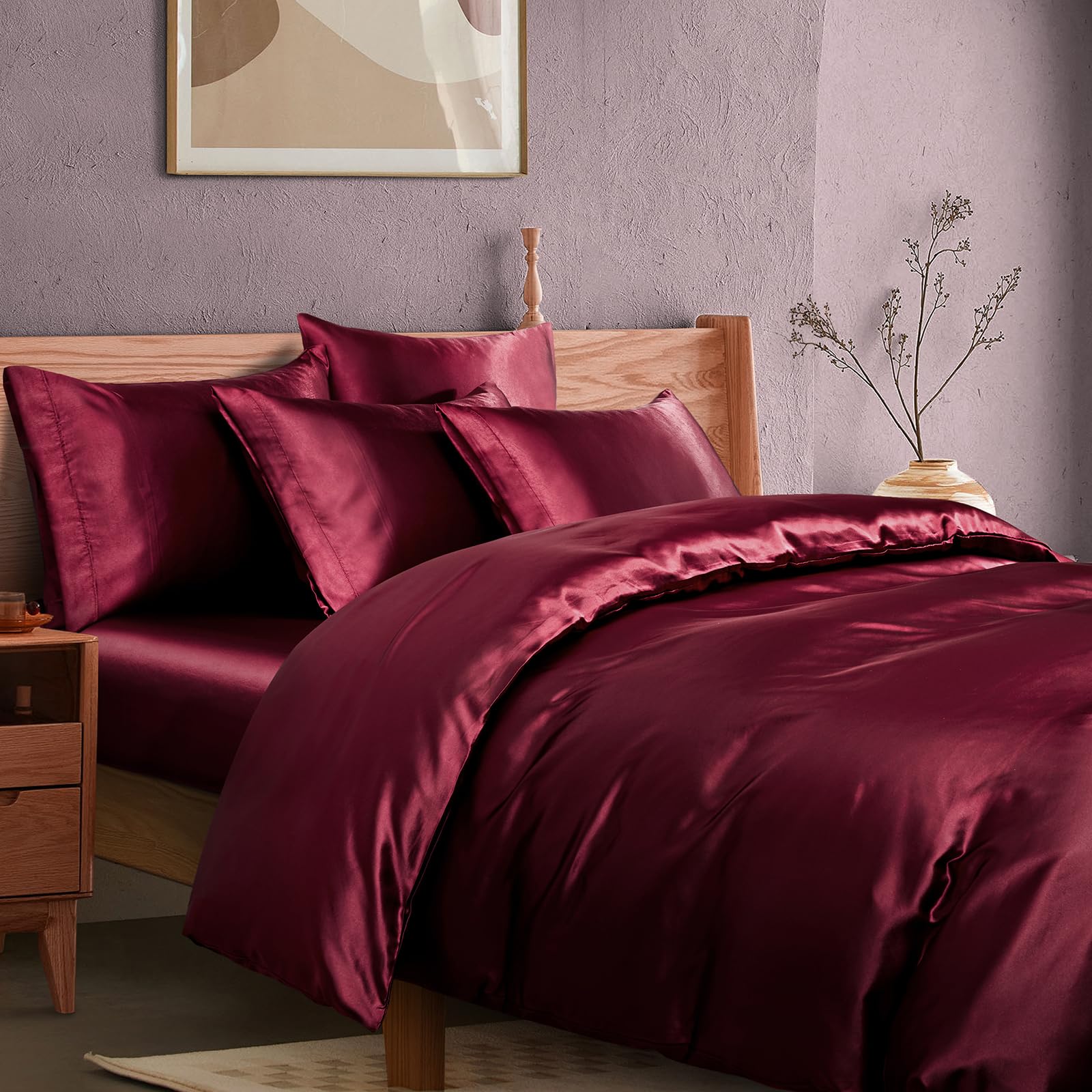 6Pcs Maroon Satin Duvet Cover Set Queen Size - Soft Cooling Comforter Cover with Fitted Sheet & Pillowcases for Luxurious Bedroom Decor