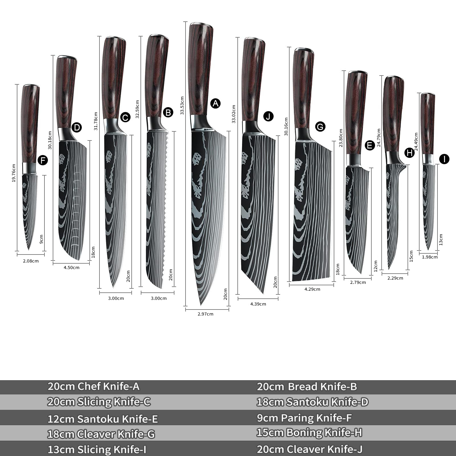 10-Piece ZENG Professional Japanese Stainless Steel Kitchen Knife Set - Chef Knives with Pakkawood Handles for Vegetables, Meat & Fruit - Perfect for Home Cooking, Restaurant Use & Gift Giving