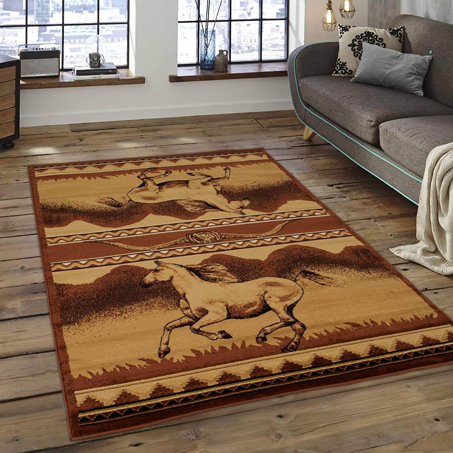 Champion Western Country Theme Running Horse Area Rug 7’8” X 10’8” - Handmade Southwestern Decor for Living Room, Bedroom & Ranch Style Homes