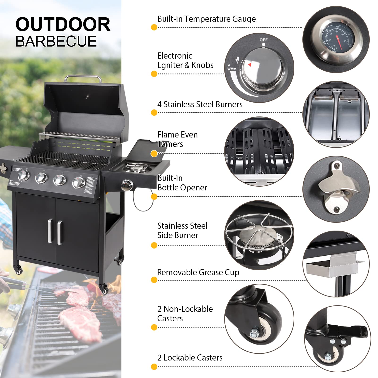 **4-Burner Propane Gas Grill with Side Burner - Freestanding Outdoor BBQ Grill Cart with Wheels for Backyard, Garden, and Patio Cooking - Black**