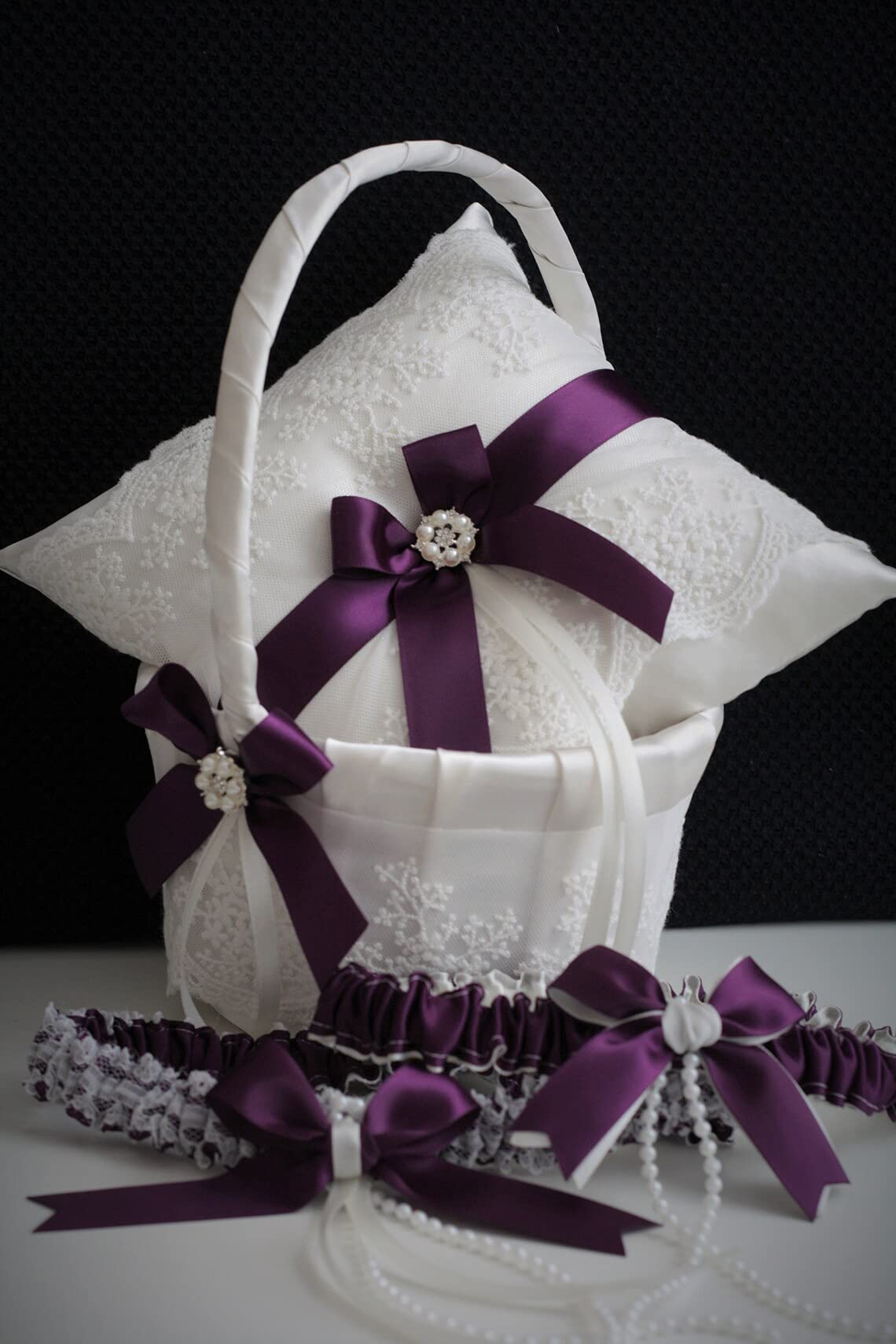 Silver Plum Flower Girl Basket & Ring Bearer Pillow Set - Elegant Wedding Accessories for Flower Girls & Ring Bearers (1 Pillow + 2 Baskets) - Perfect for Church Weddings, Garden Ceremonies & Outdoor Vows