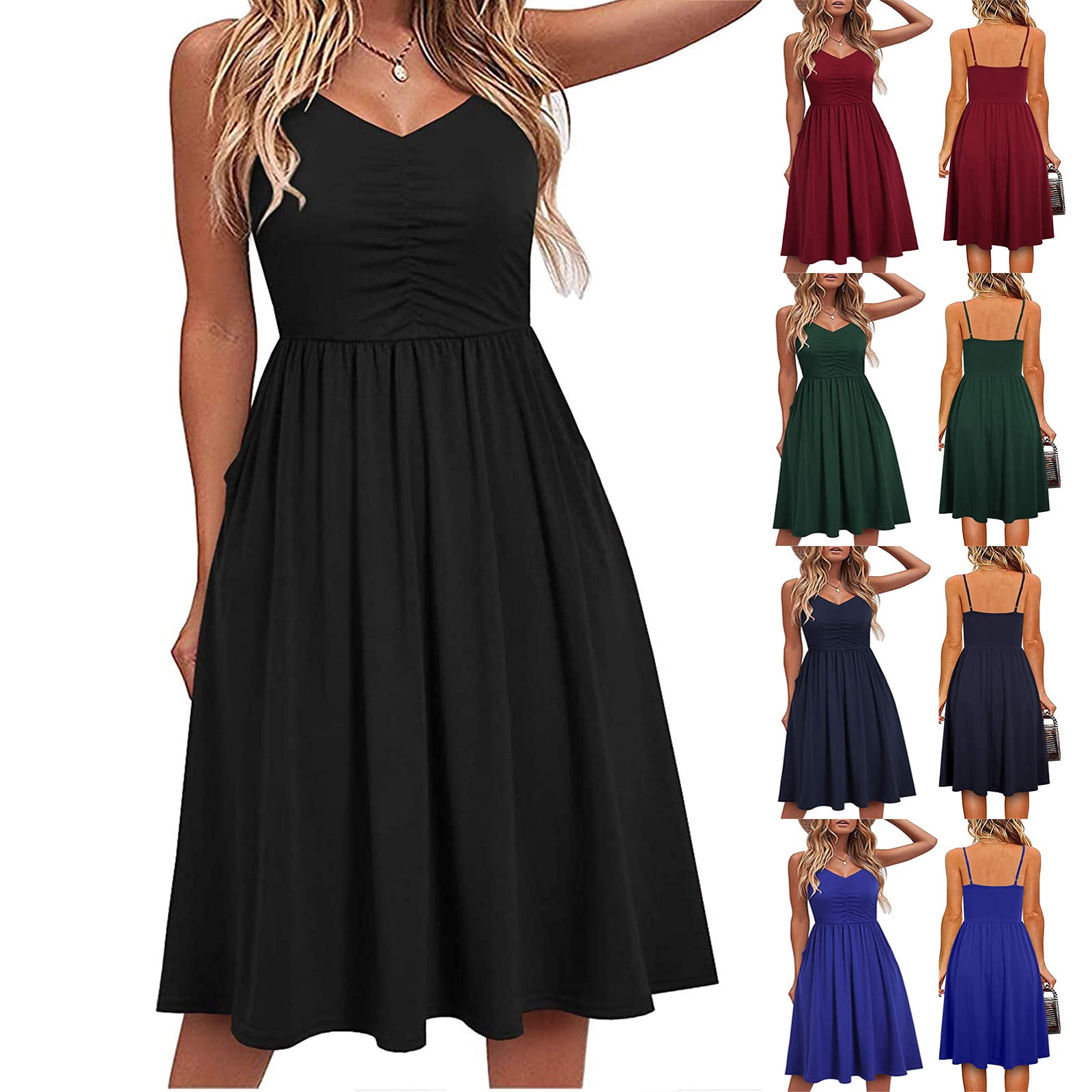 INESVER Women's Casual Spaghetti Strap A-Line Sundress - Sleeveless V-Neck Summer Beach Dress with Pockets | Perfect for Vacations, Pool Parties & Outdoor Date Nights