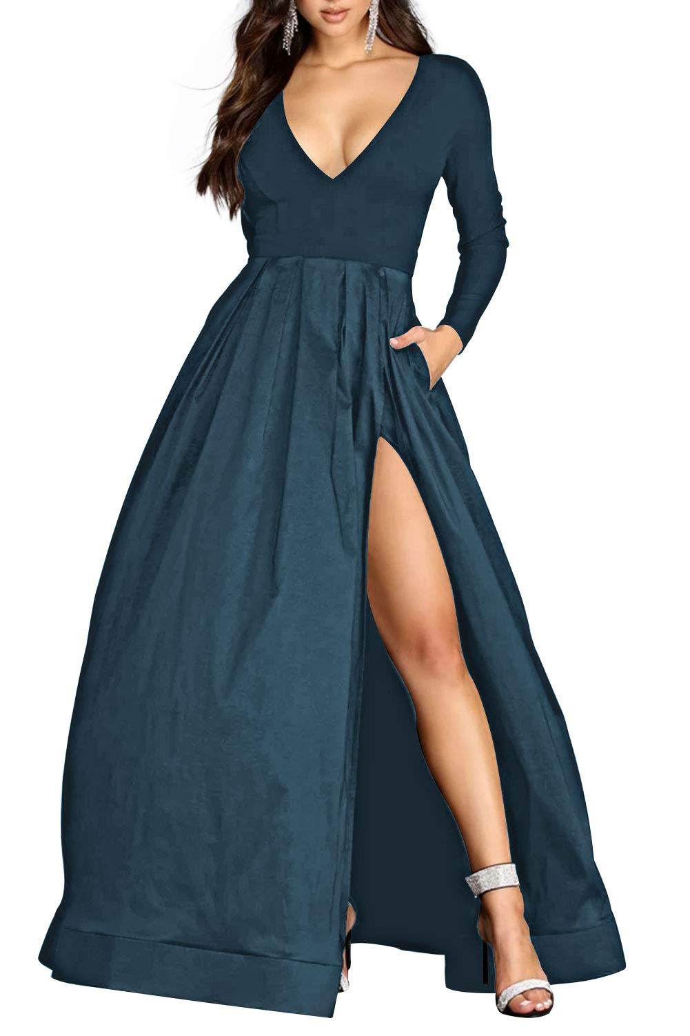 Elegant Long Sleeve Prom Dresses for Women - V-Neck Satin Formal Evening Gowns with Thigh High Slit | Perfect for Homecoming, Ball, Wedding & Special Occasions