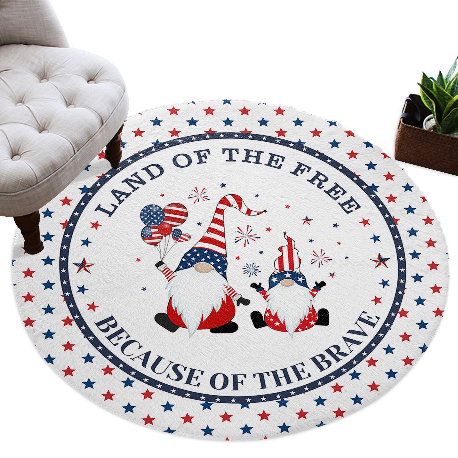 36in Soft Fluffy Round Area Rug - 4th of July American Flag Gnomes Design, Washable Non-Slip Shaggy Carpet for Bedroom, Living Room & Nursery - Perfect for Independence Day Decor, Kids Room & Cozy Home Flooring