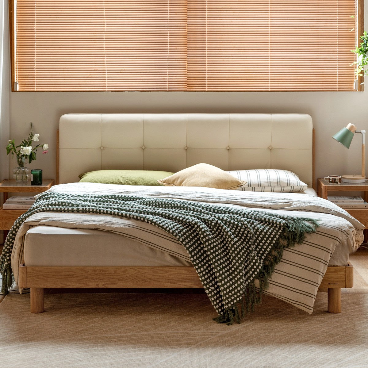 Solid Oak Wood Nordic Soft Back Bed - Modern Minimalist Design for Bedroom & Guest Room