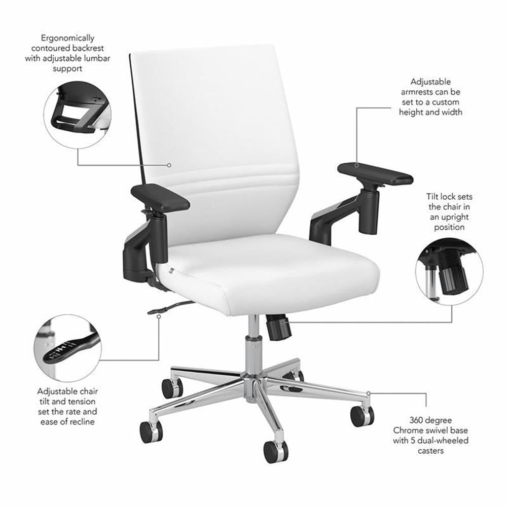 Bush Furniture Cabot Mid Back Leather Office Chair - White | Ergonomic Executive Chair for Home & Office Workspace, Comfortable Desk Chair with Adjustable Height & Lumbar Support