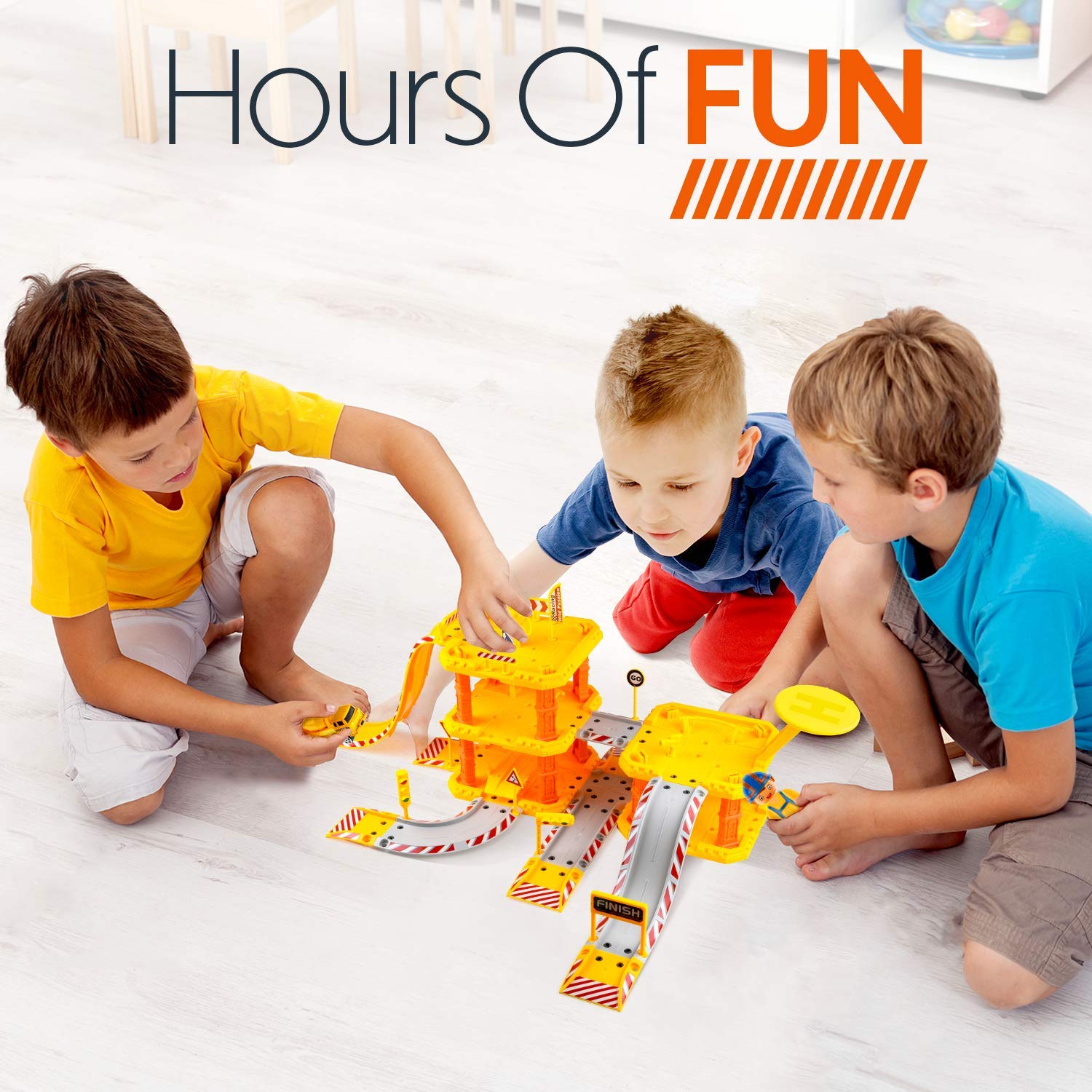 Toysical Construction Playset - Complete Parking Garage Toy with Vehicles, Helicopter, Mini Figures & Road Tracks - STEM Learning Building Toys for Kids Ages 4-6 - Perfect for Pretend Play, Birthday Gifts & Indoor Activities